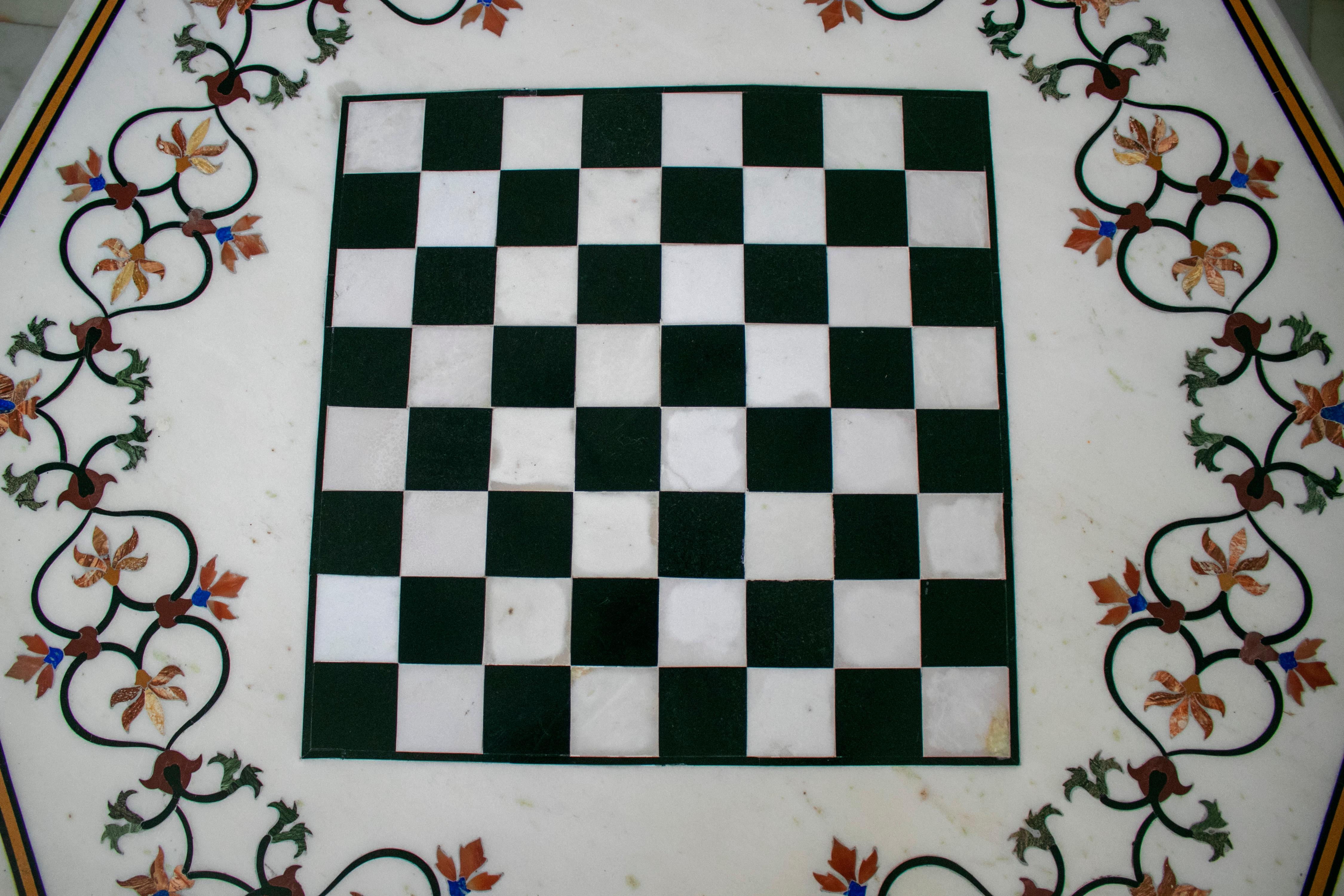 20th Century Octagonal Pietre Dure Marble Inlay Mosaic Chess Table Top with Lapis and Jade For Sale