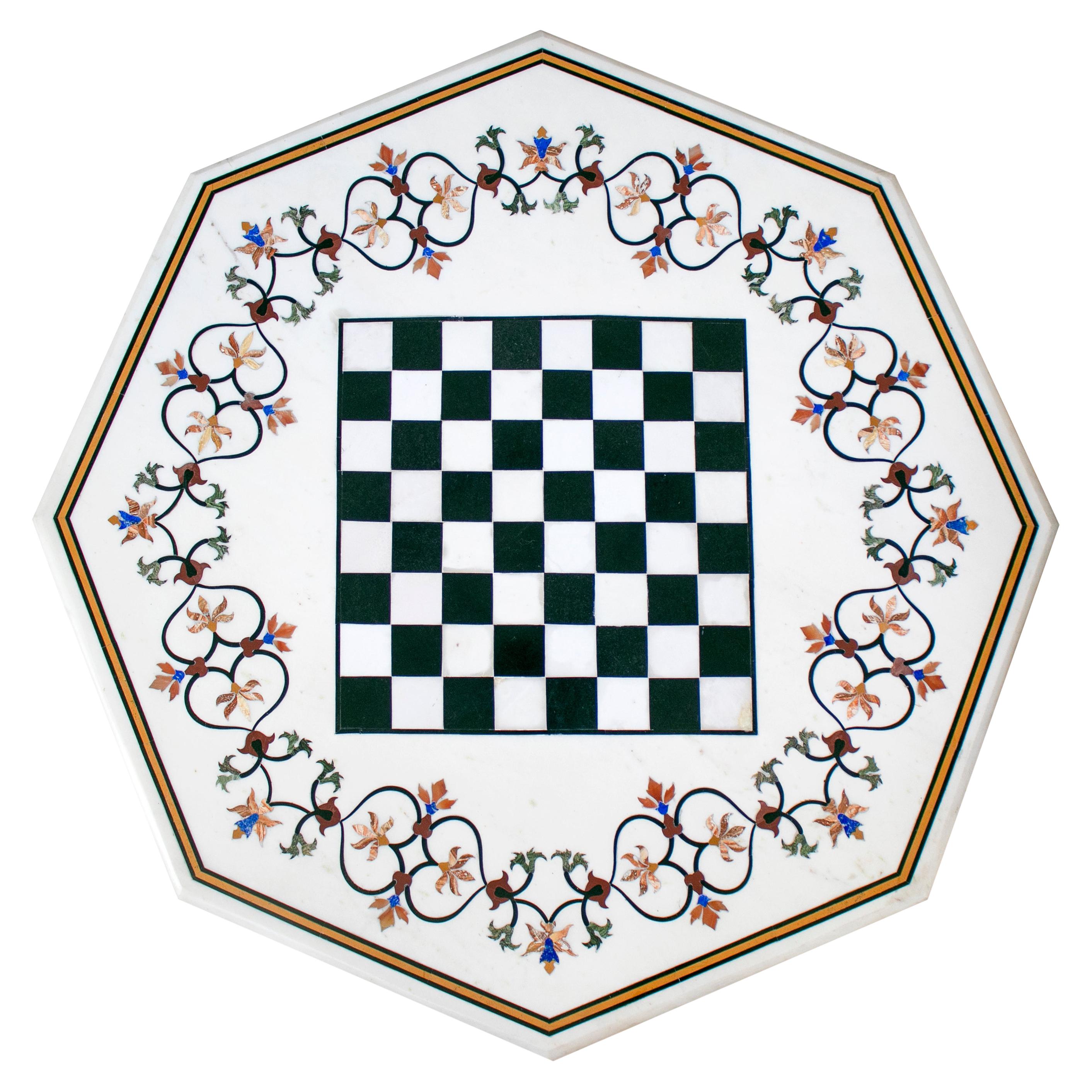 Octagonal Pietre Dure Marble Inlay Mosaic Chess Table Top with Lapis and Jade For Sale