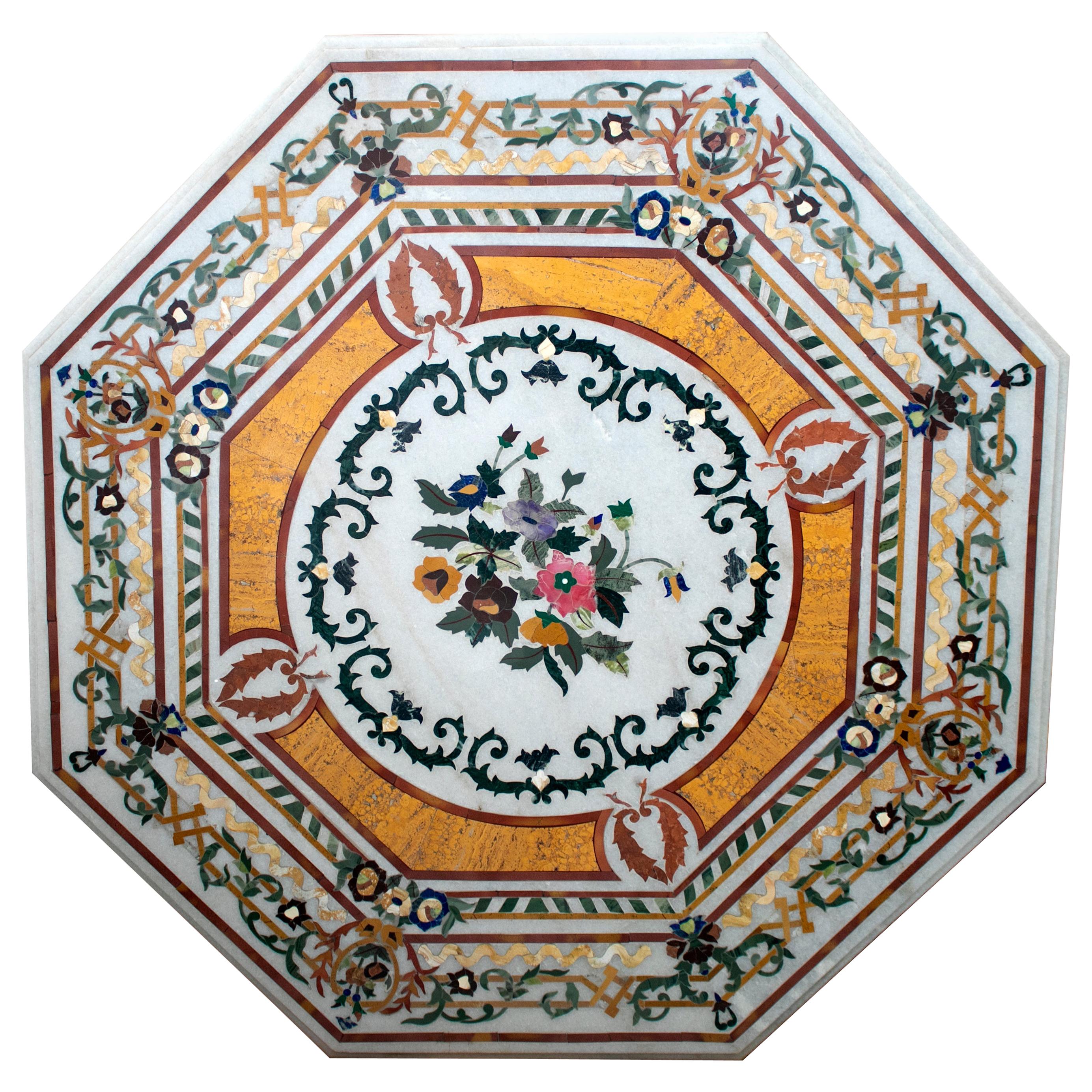Octagonal Pietre Dure Marble Inlay Mosaic Table Top with Lapis and Jade