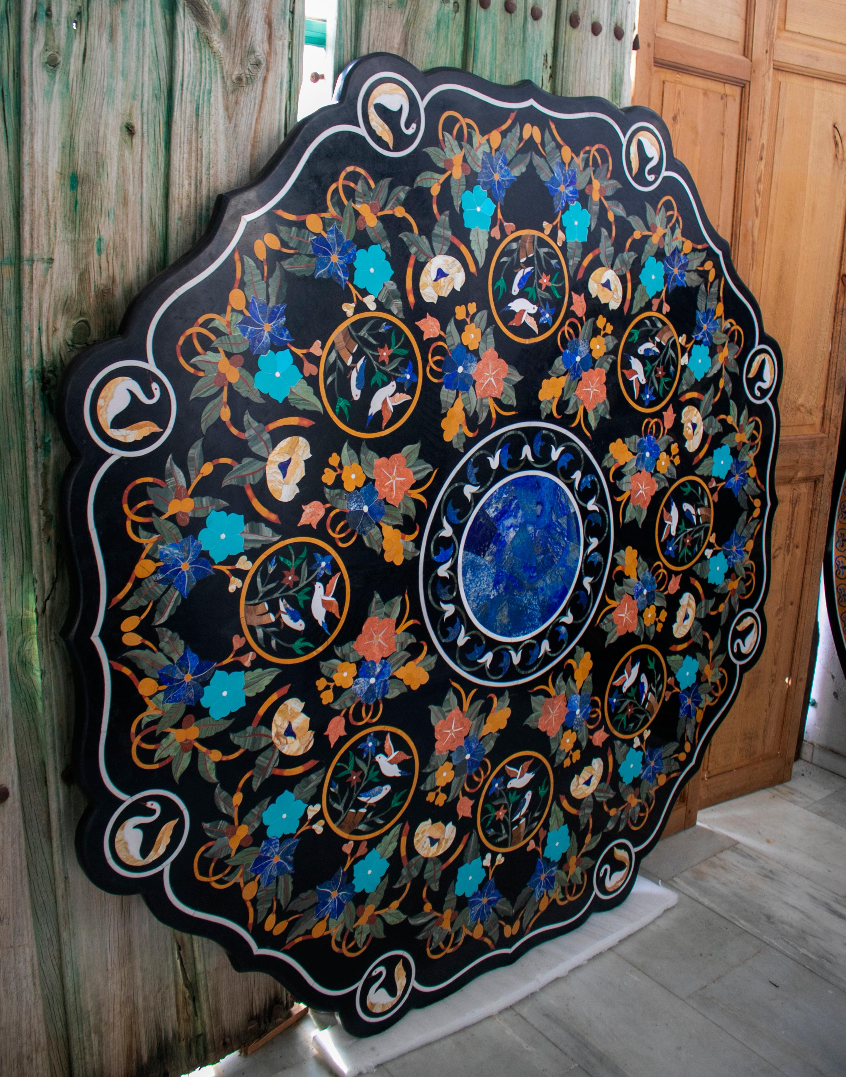 Européen Top de table octogonal en mosaïque incrustée de marbre Pietre Dure avec lapis et turquoise  en vente