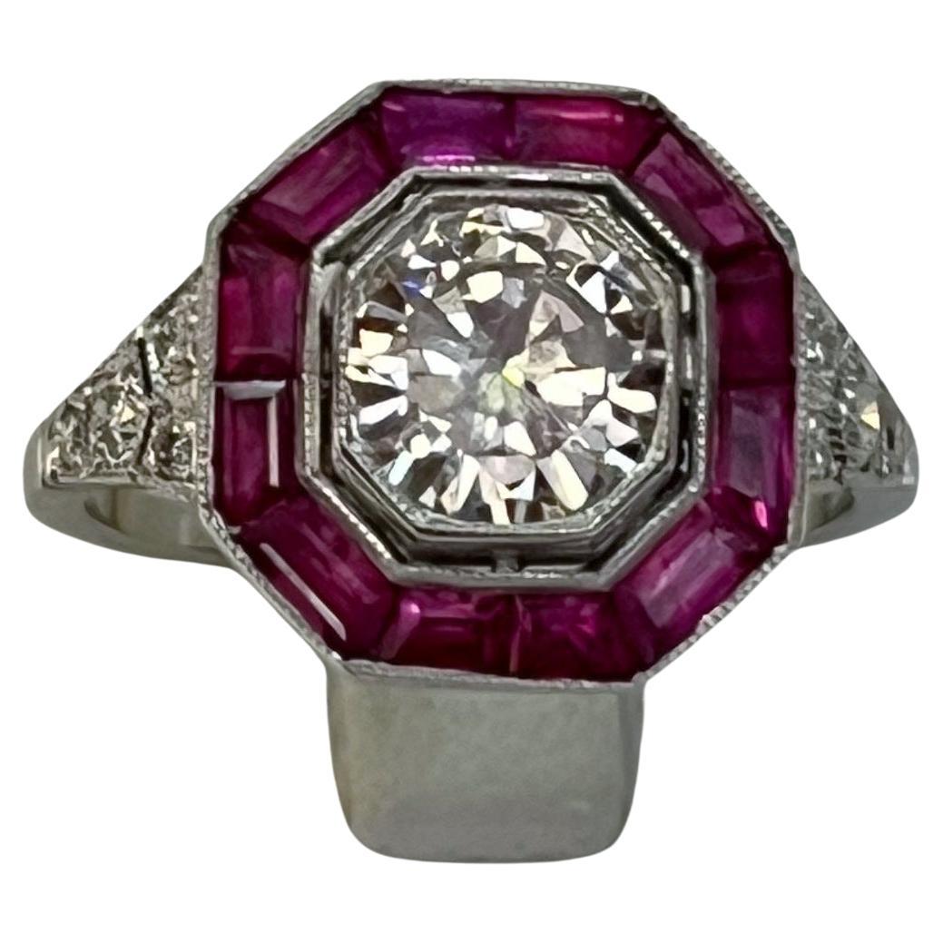 Octagonal Platinum Ruby And Diamond Ring, 1930s I… - image 1