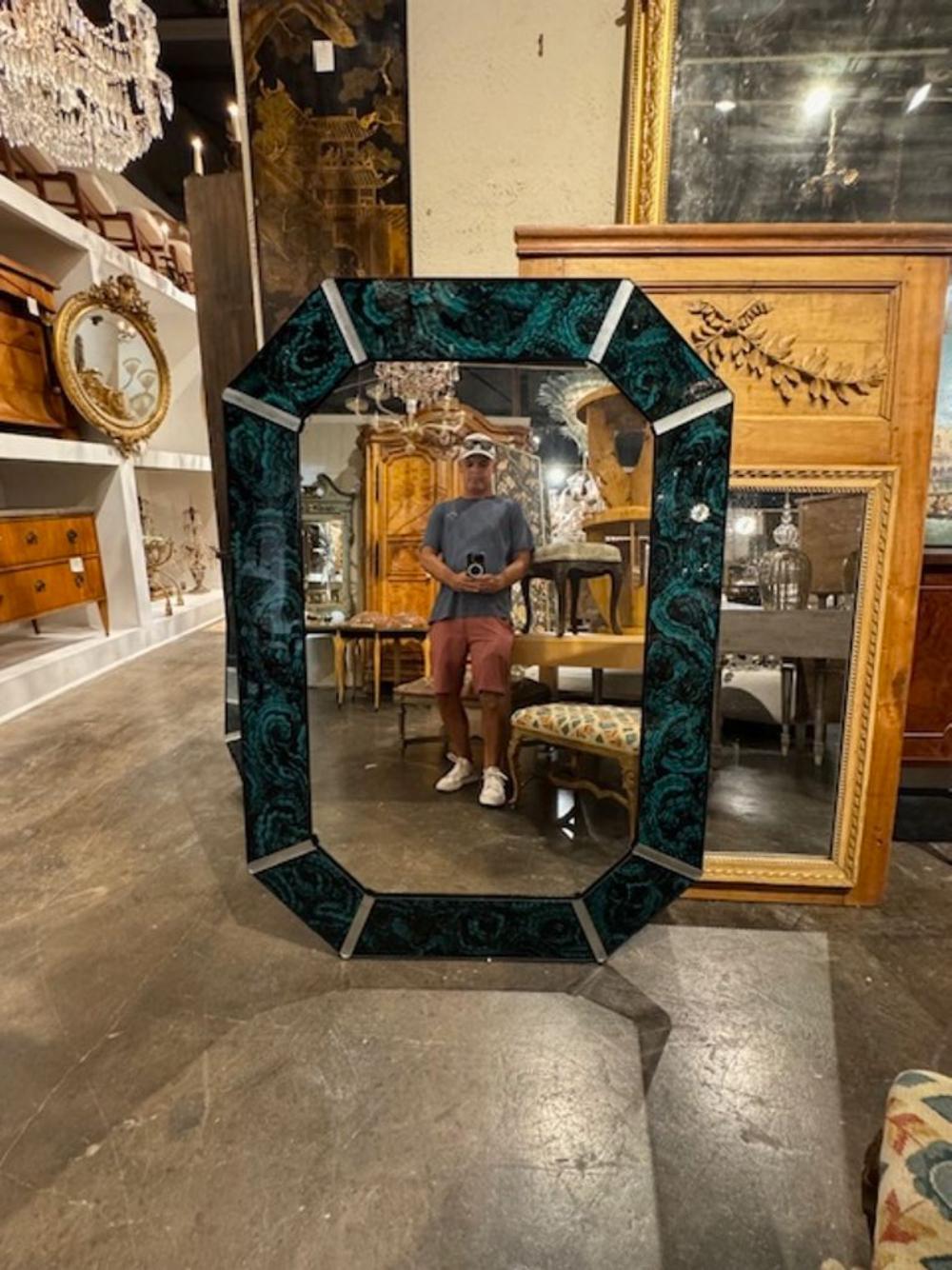 Modern Design Octagonal reverse painted malachite mirrors. Circa 2000. Perfect for today's transitional designs!