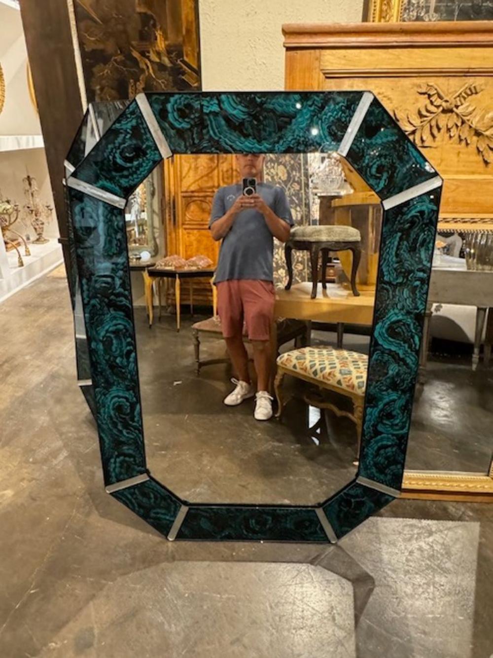 Octagonal Reverse Painted Malachite Mirror In Good Condition For Sale In Dallas, TX