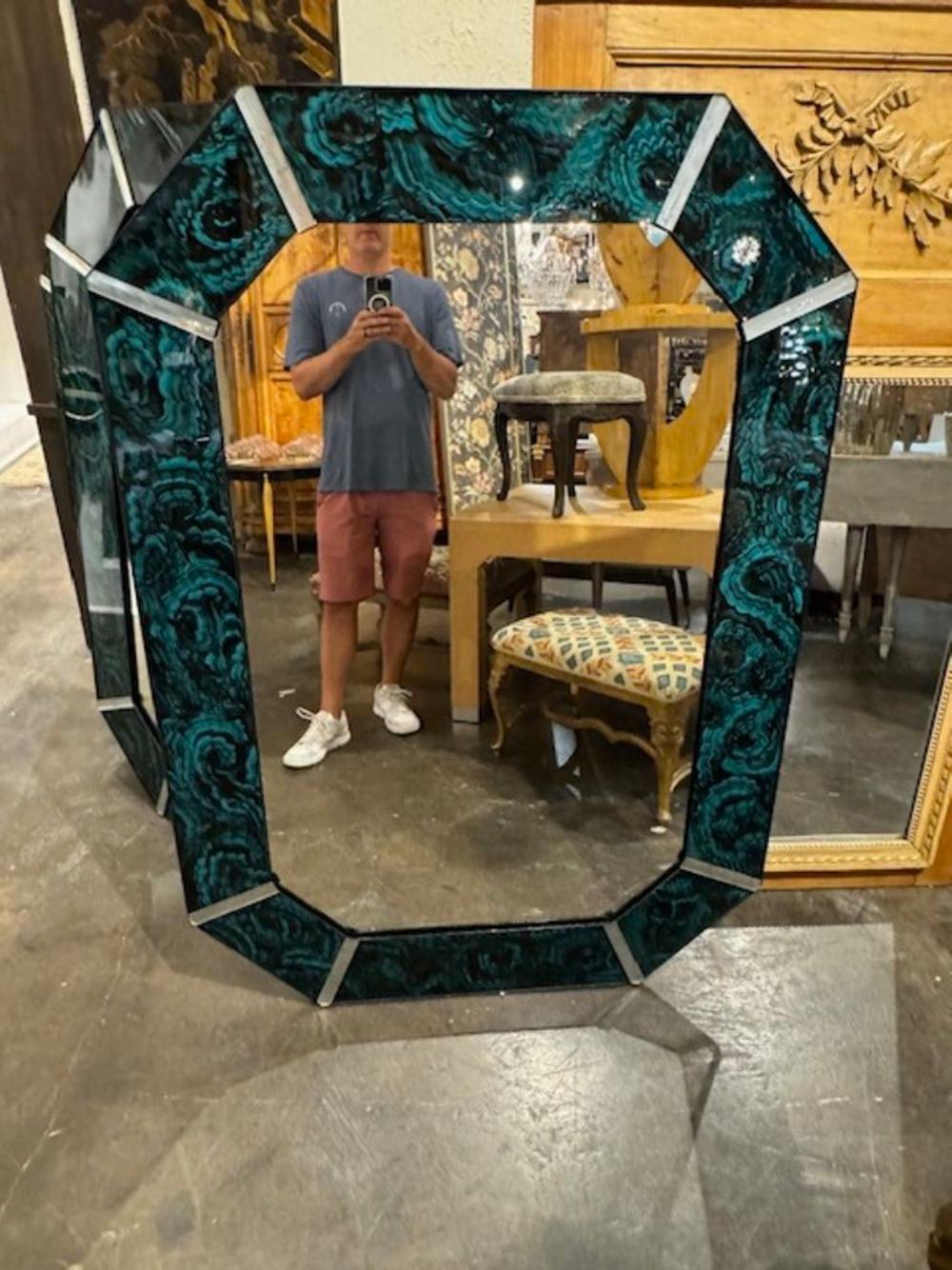 Contemporary Octagonal Reverse Painted Malachite Mirror For Sale