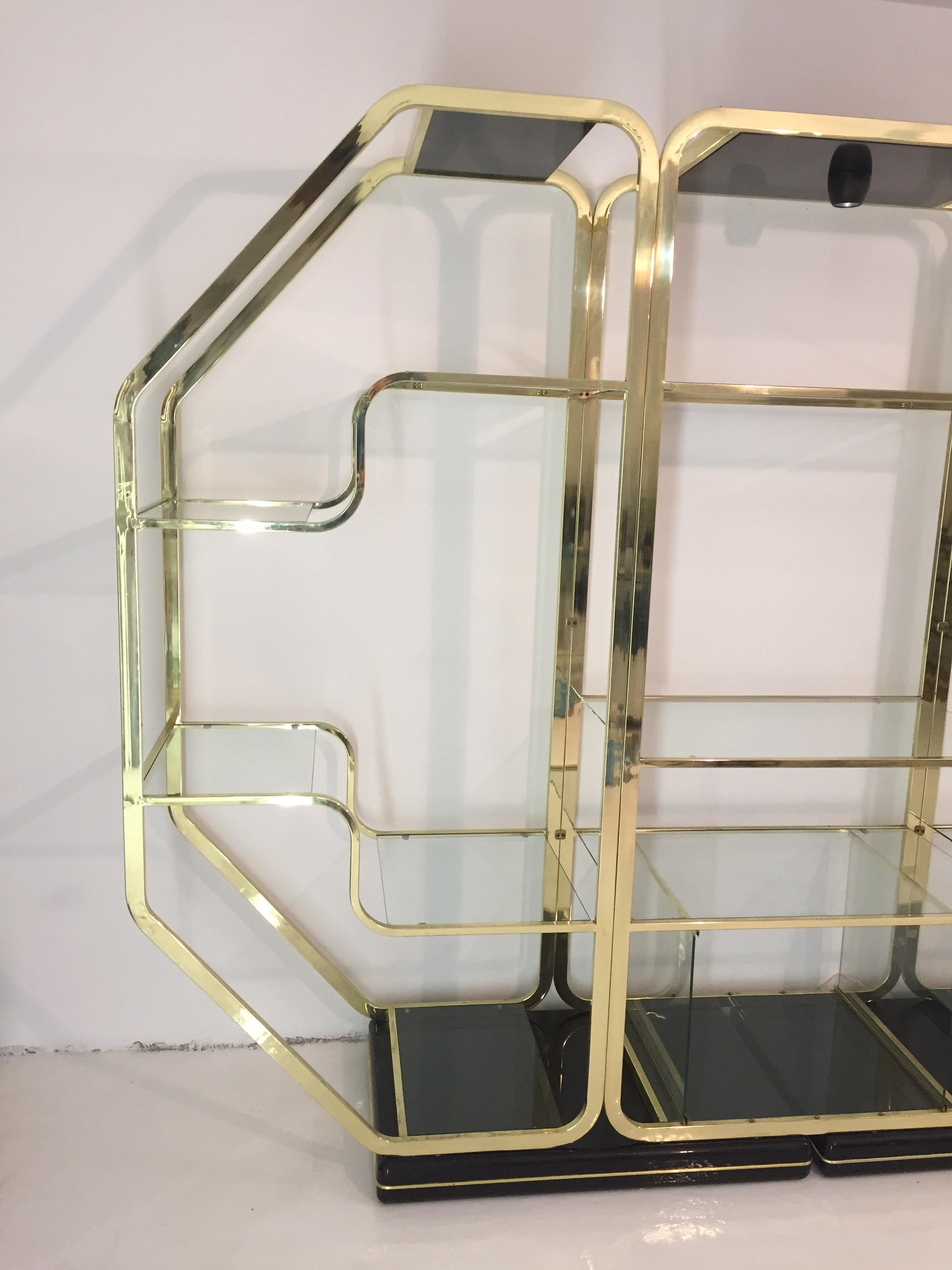 Hollywood Regency Octagonal Romeo Rega Étagère Brass Glass Lacquered Display Unit 1970s Regency For Sale