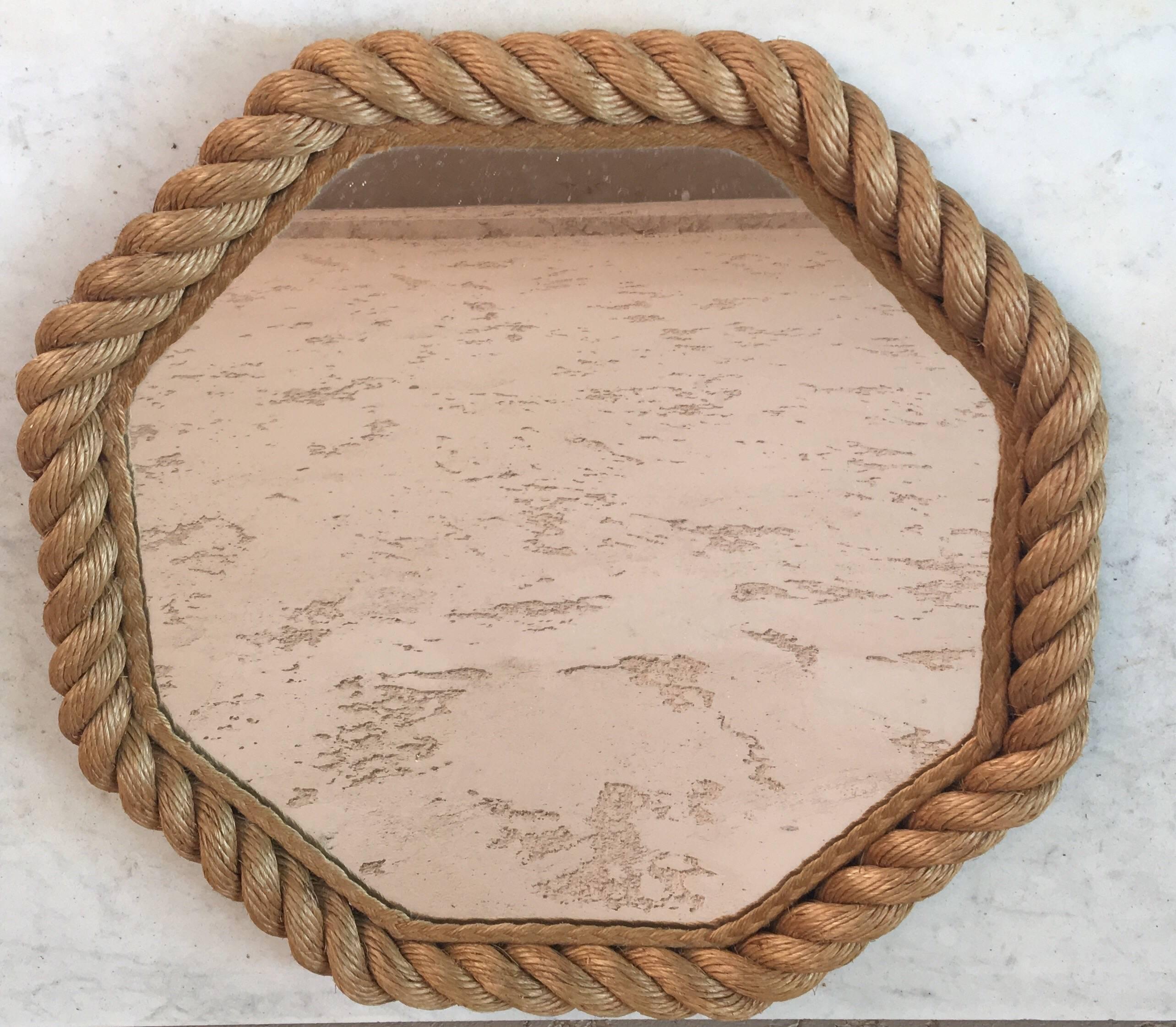 Rare nautical octagonal rope mirror Audoux Minet circa 1960 from South of France.