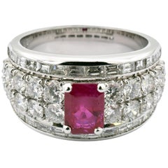 Octagonal Ruby with Round and Baguette Diamonds White Gold Ring Made in Italy