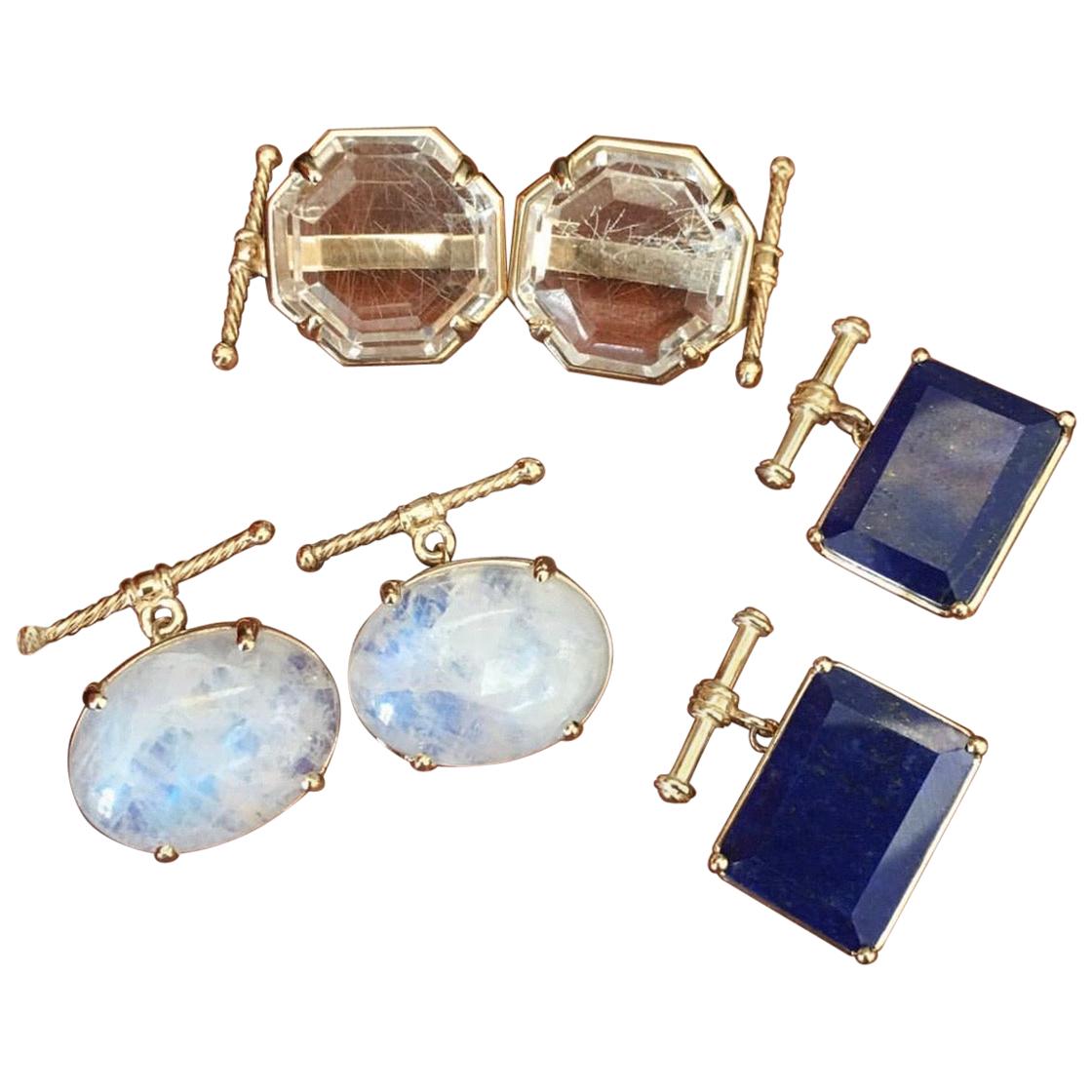 Octagonal Rutilated Quartz Crystal Cufflinks in 14 Karat Yellow Gold For Sale