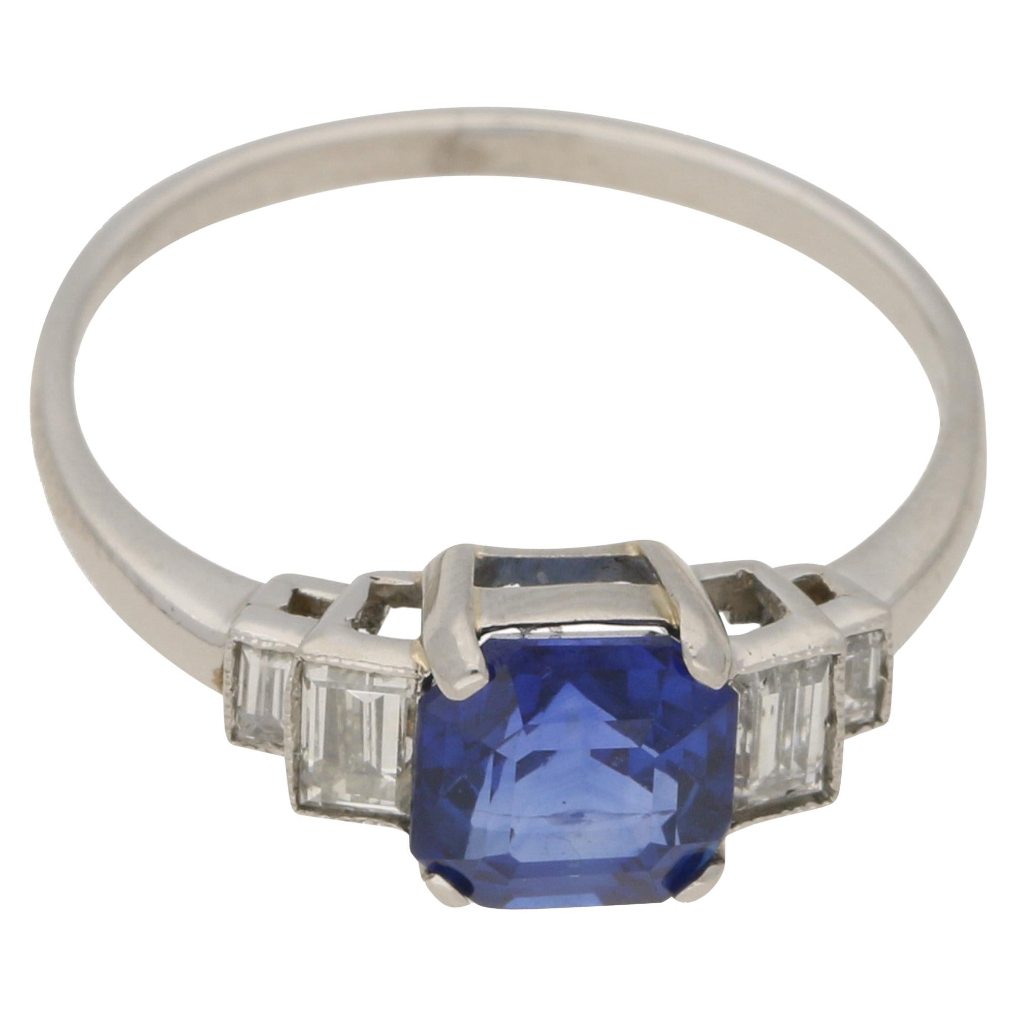 Art Deco Inspired Sapphire and Diamond Engagement Ring Set in Platinum 2