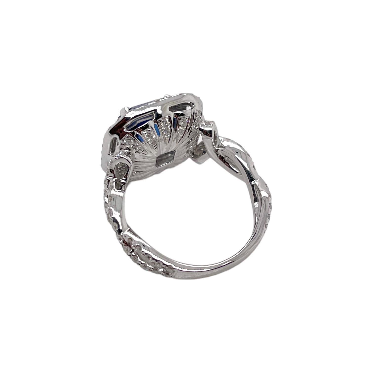 Contemporary Octagonal Sapphire & Diamond Double Halo Ring in 18K White Gold For Sale