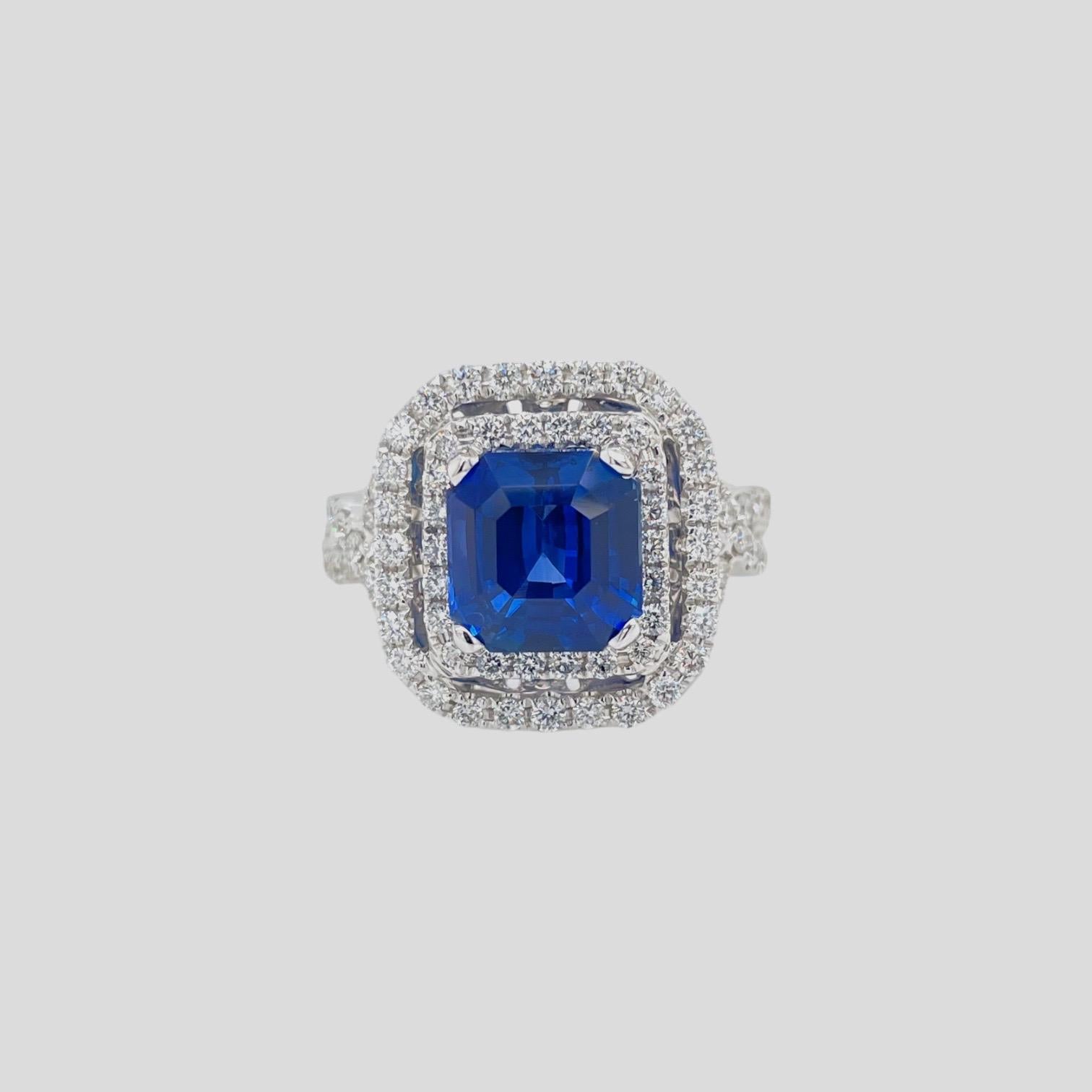 Octagonal Sapphire & Diamond Double Halo Ring in 18K White Gold In New Condition For Sale In New York, NY
