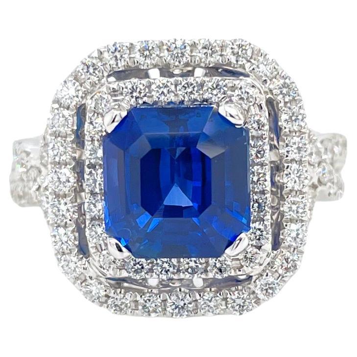 Octagonal Sapphire & Diamond Double Halo Ring in 18K White Gold For Sale