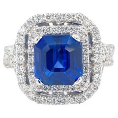 Octagonal Sapphire & Diamond Double Halo Ring in 18K White Gold