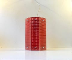 Octagonal Scandinavian Modern Pendant Light in Red Checkered Glass, 1960s