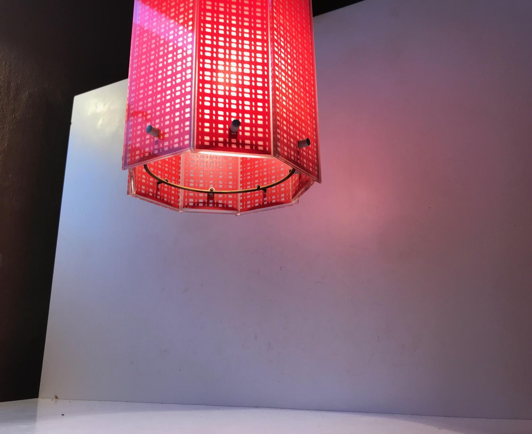 Octagonal Scandinavian Modern Pendant Light in Red Checkered Glass, 1960s For Sale 1