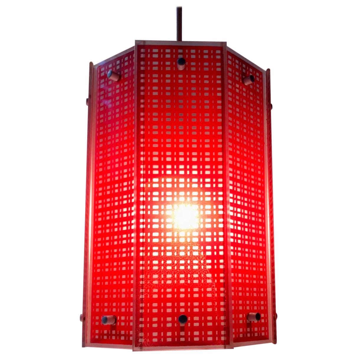 Octagonal Scandinavian Modern Pendant Light in Red Checkered Glass, 1960s For Sale