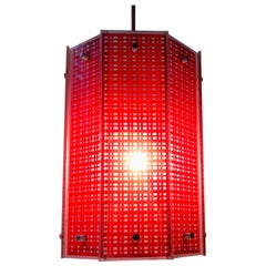 Retro Octagonal Scandinavian Modern Pendant Light in Red Checkered Glass, 1960s