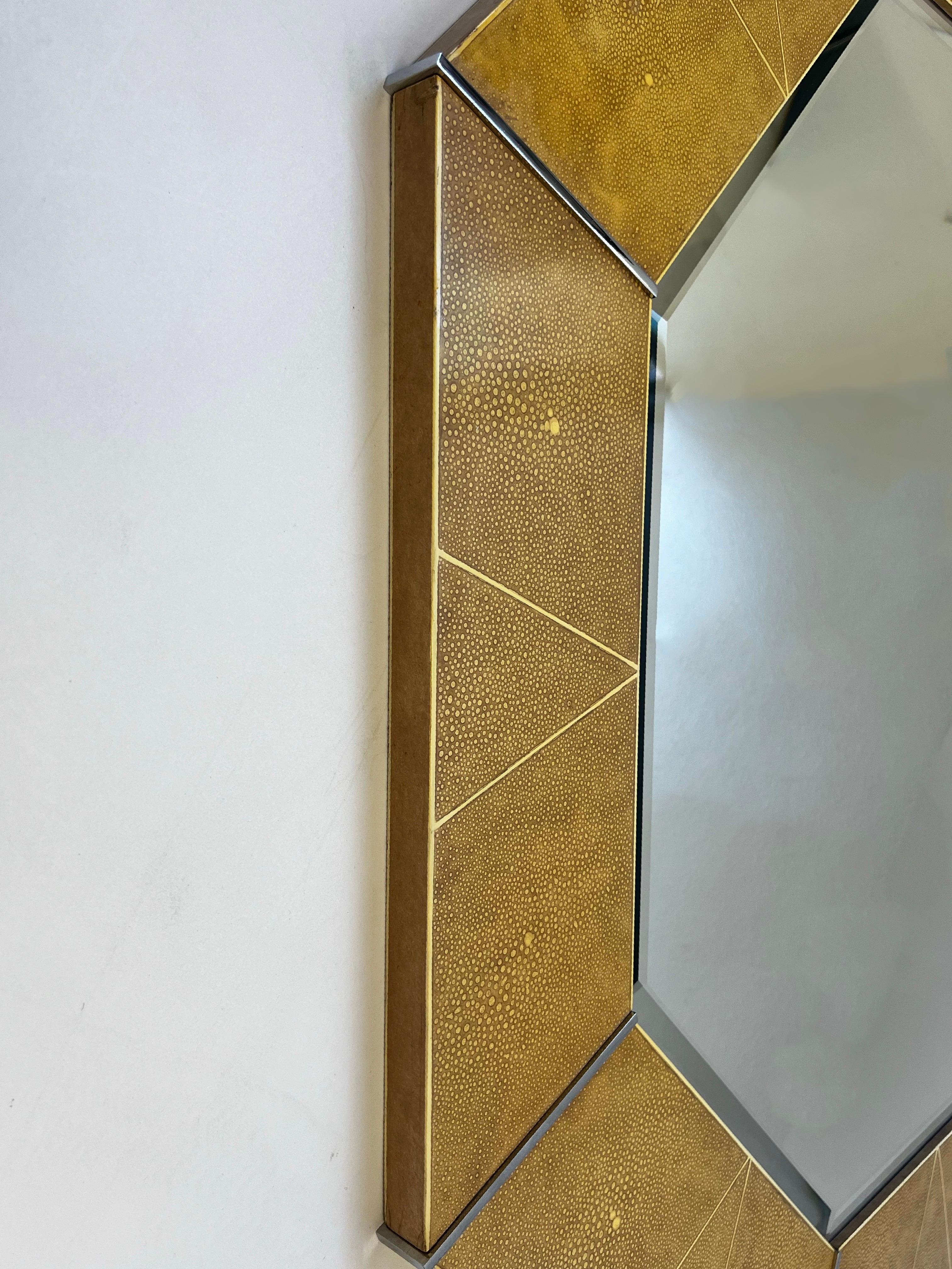 Modern Octagonal Shagreen Lacquer and Chrome Mirror by Karl Springer for Suzanne Sumers For Sale