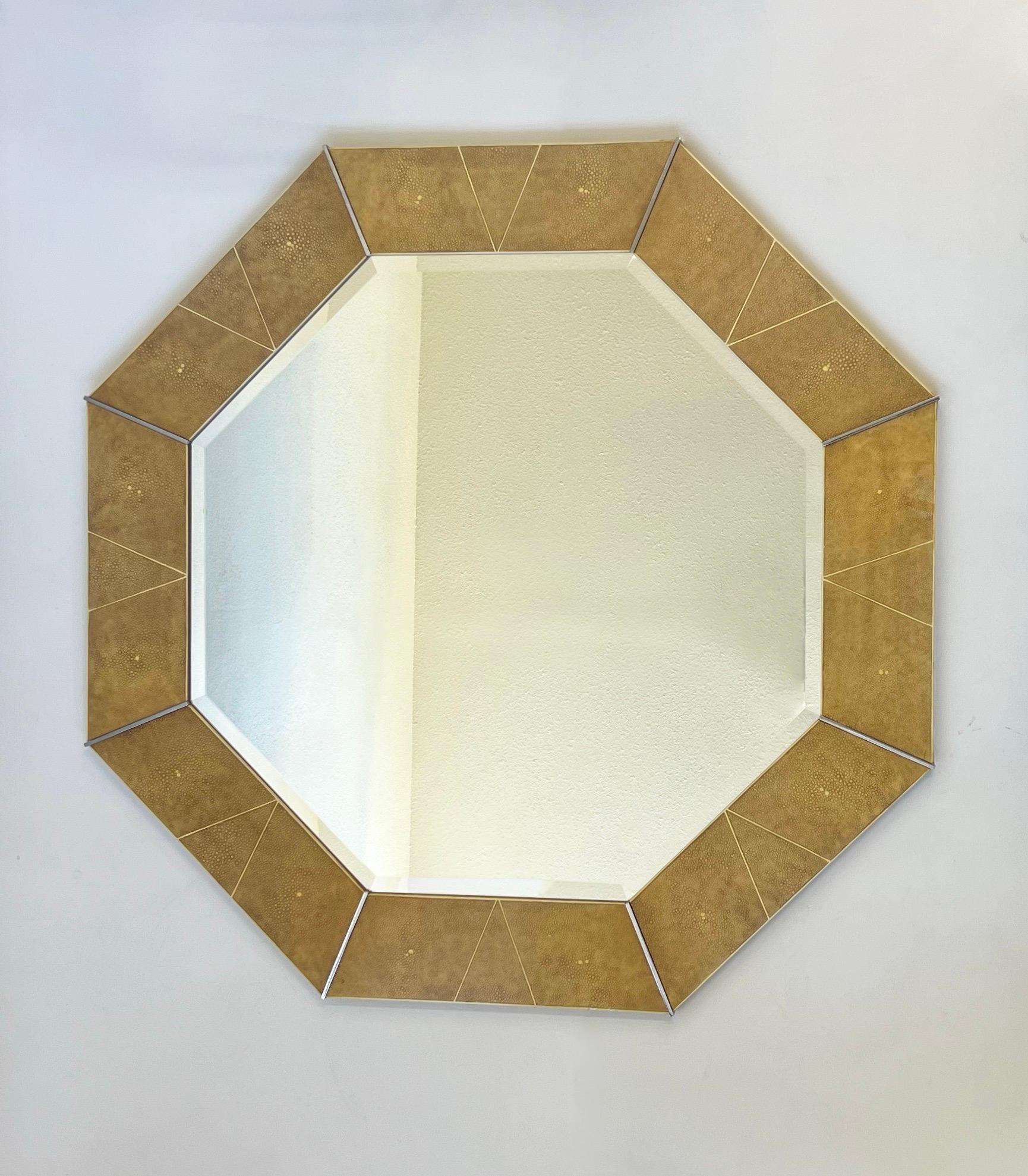 Late 20th Century Octagonal Shagreen Lacquer and Chrome Mirror by Karl Springer for Suzanne Sumers For Sale