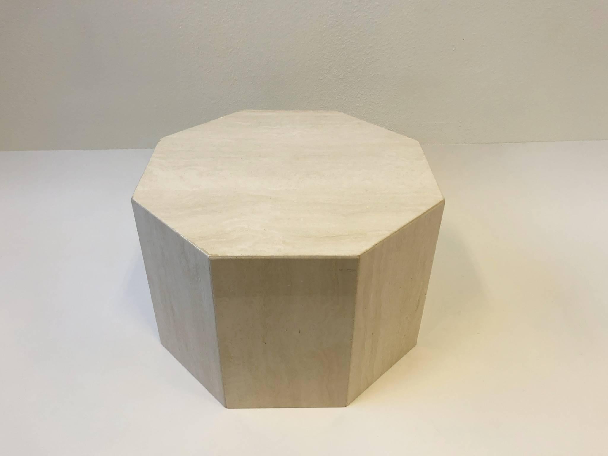 A beautiful octagonal shape polish Italian travertine cocktail table from the 1970s.
Newly professionally polished. You could place a glass top to make it bigger. It can take up to 60” in diameter round glass top. Price is without glass.