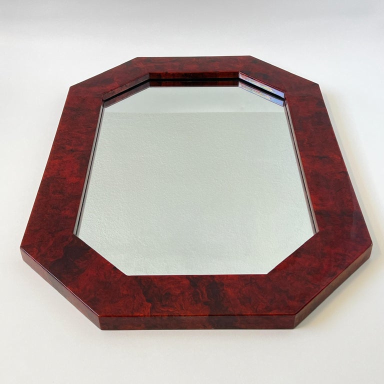 Modern Octagonal Shape Red Lacquered Burl Wood Wall Mirror  For Sale