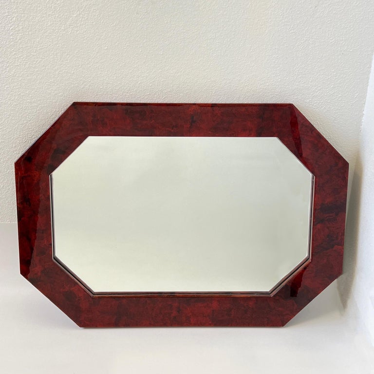 American Octagonal Shape Red Lacquered Burl Wood Wall Mirror  For Sale