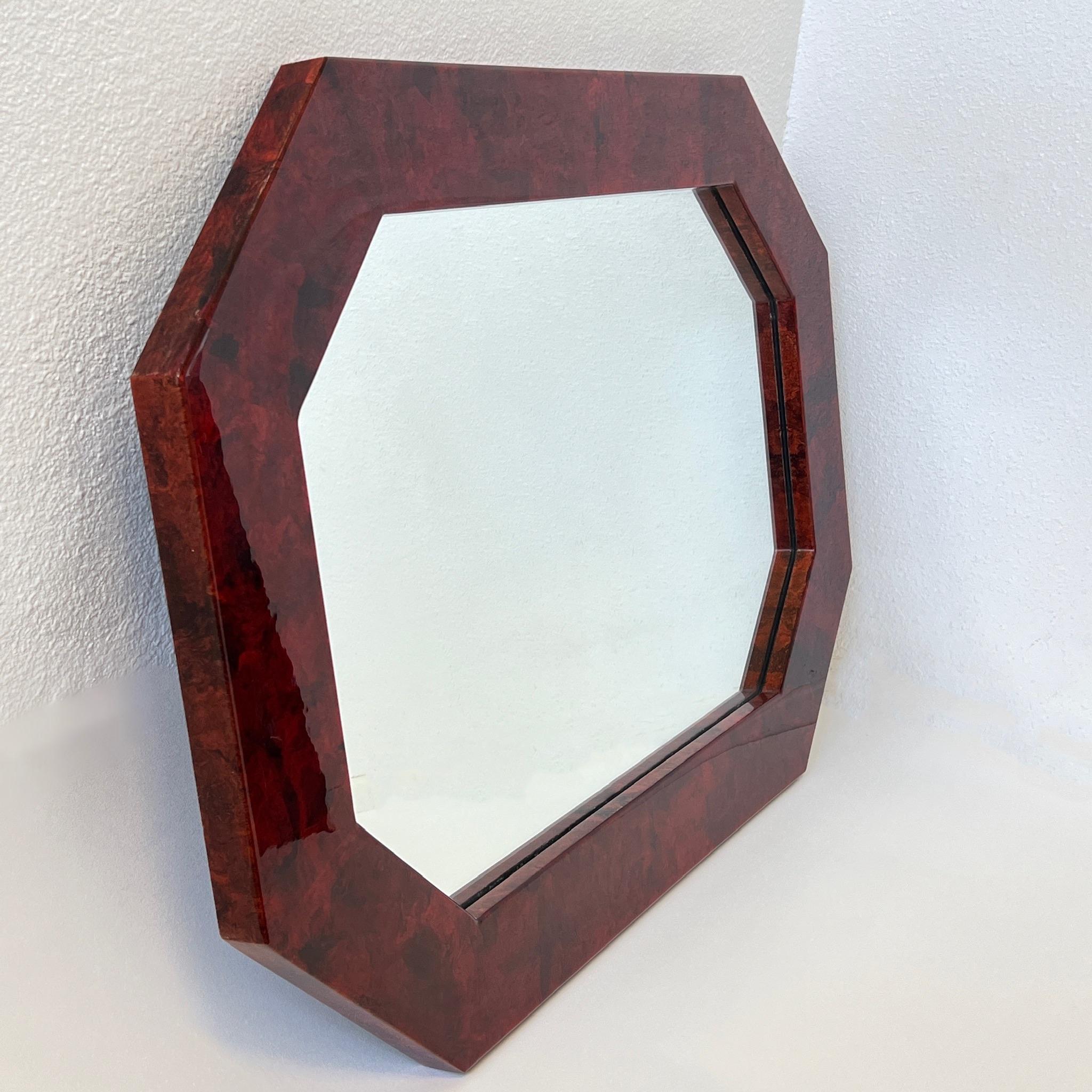 American Octagonal Shape Red Lacquered Burl Wood Wall Mirror  For Sale