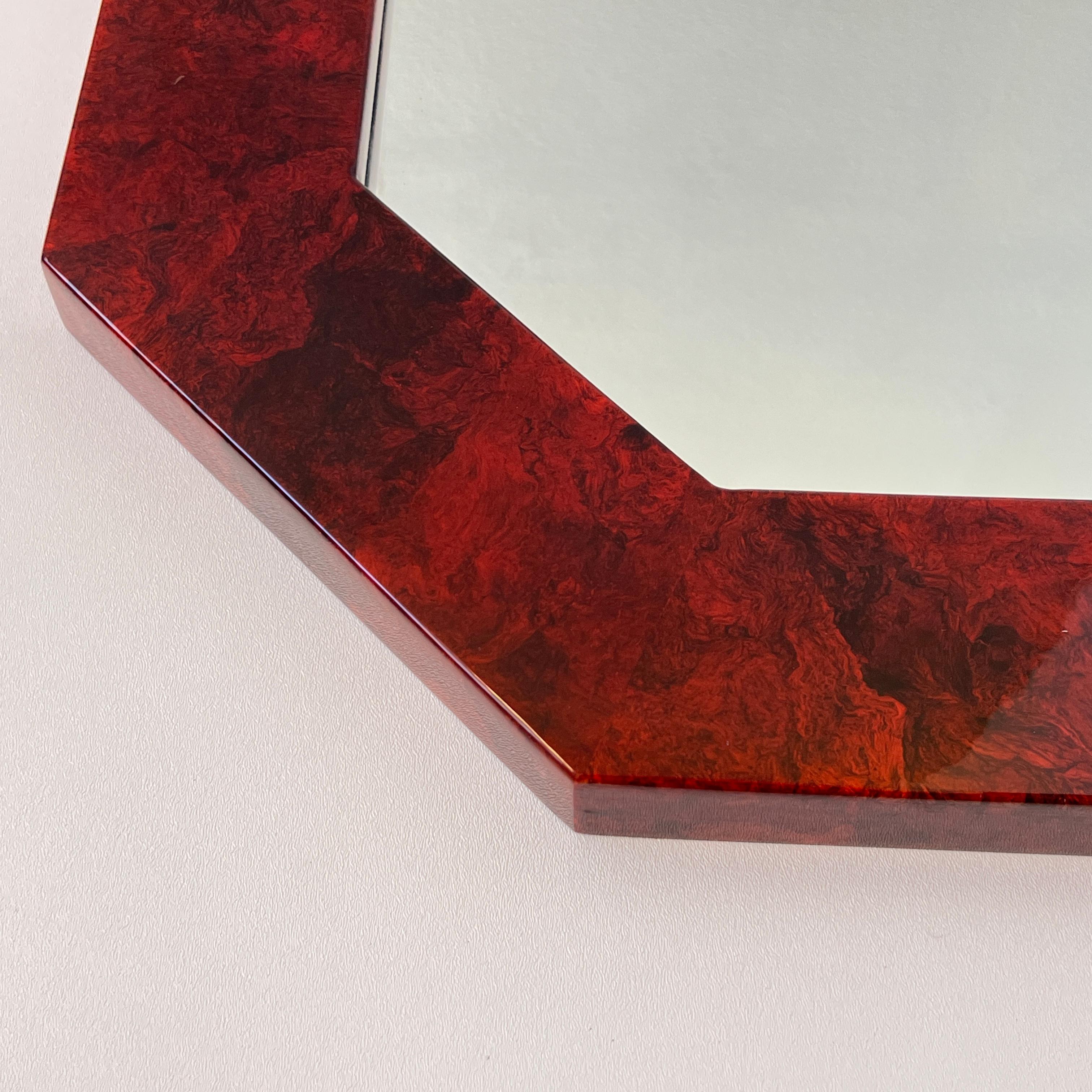 Polished Octagonal Shape Red Lacquered Burl Wood Wall Mirror  For Sale