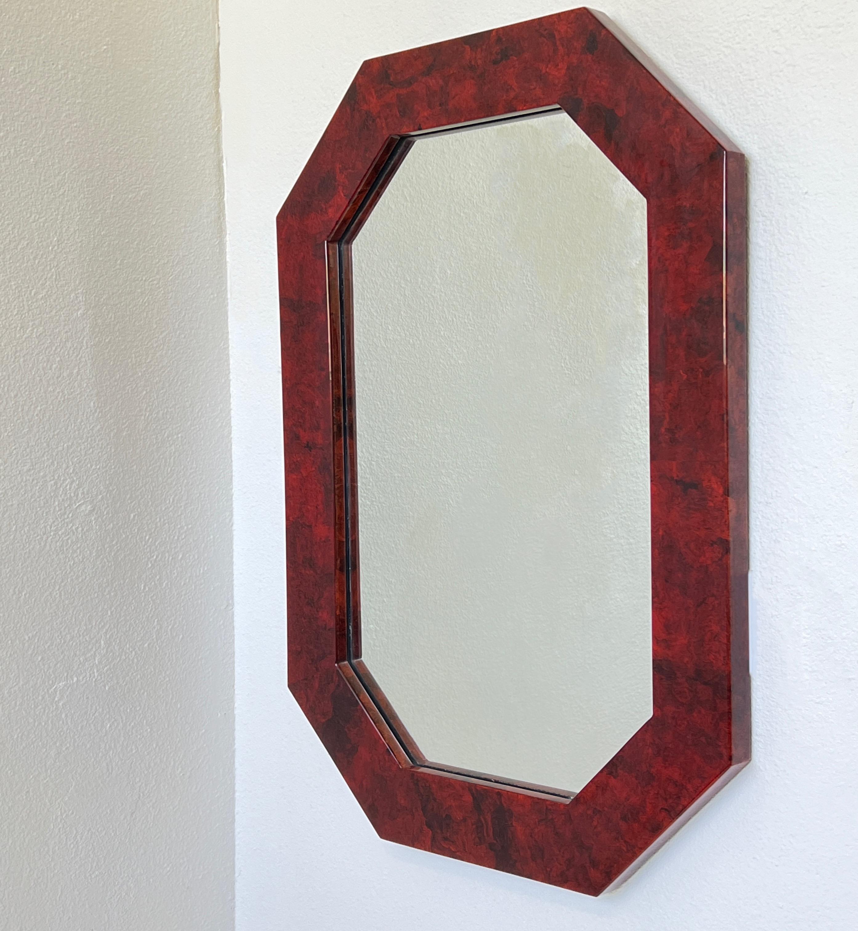 Octagonal Shape Red Lacquered Burl Wood Wall Mirror  For Sale 1