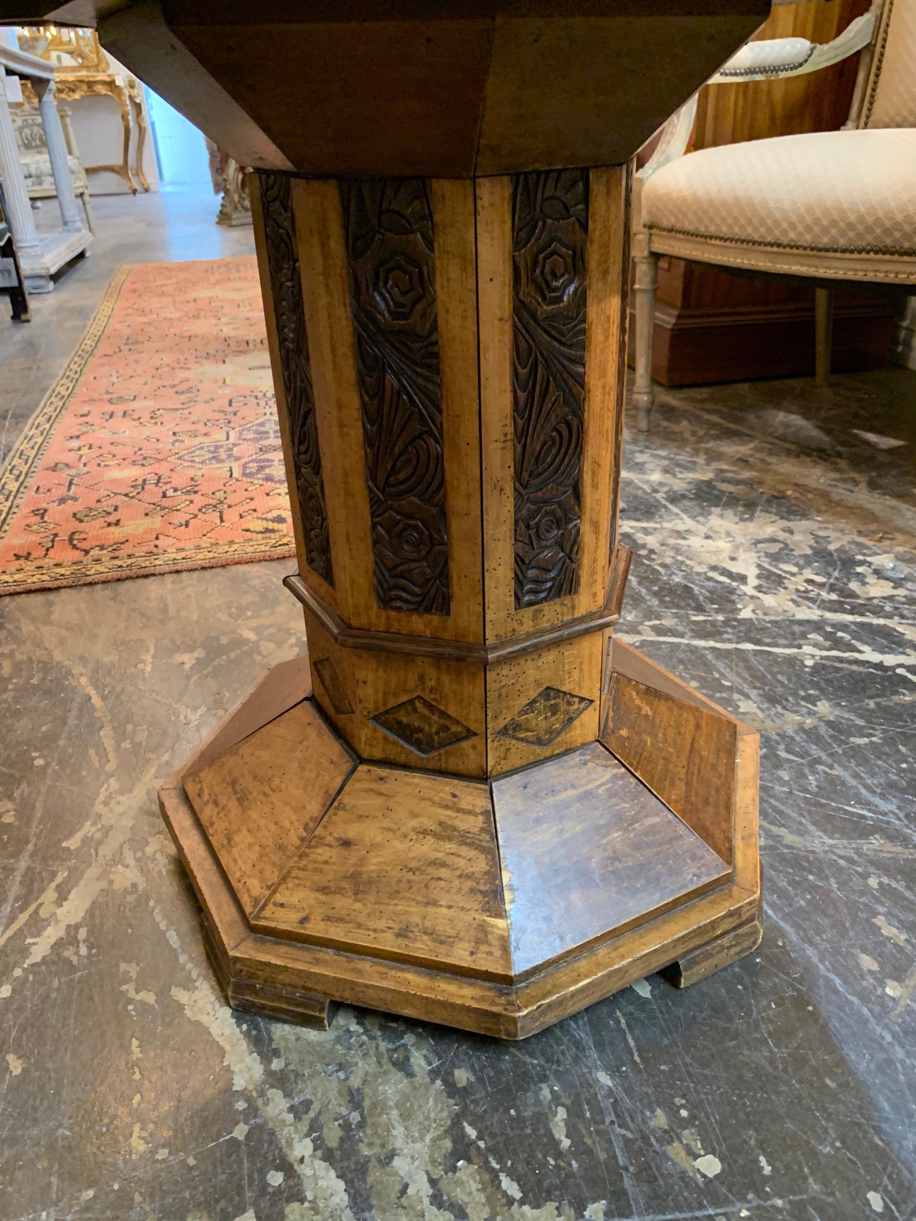 Octagonal Shaped Carved Side Table with Leather Top In Good Condition In Dallas, TX