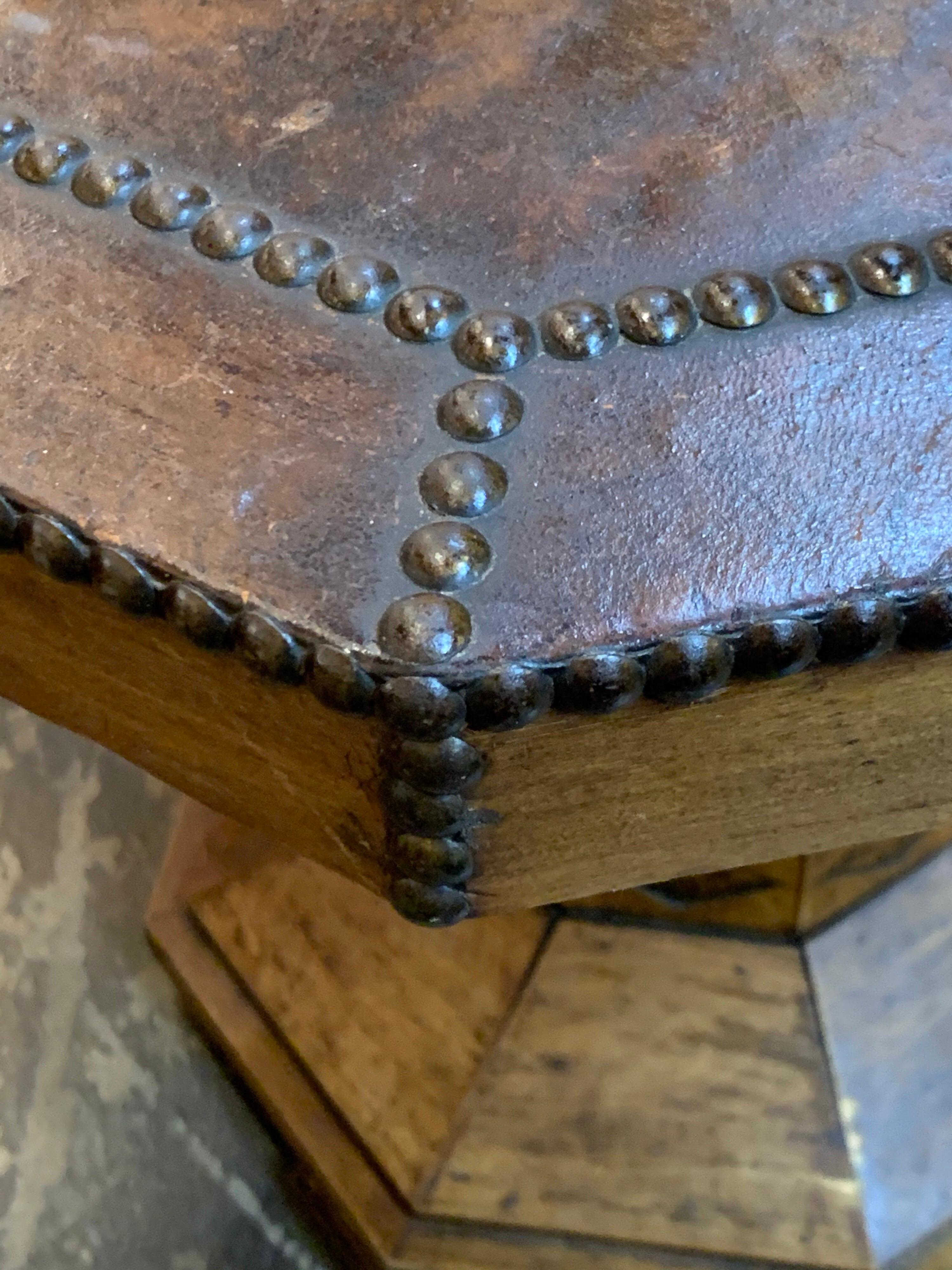 Wood Octagonal Shaped Carved Side Table with Leather Top