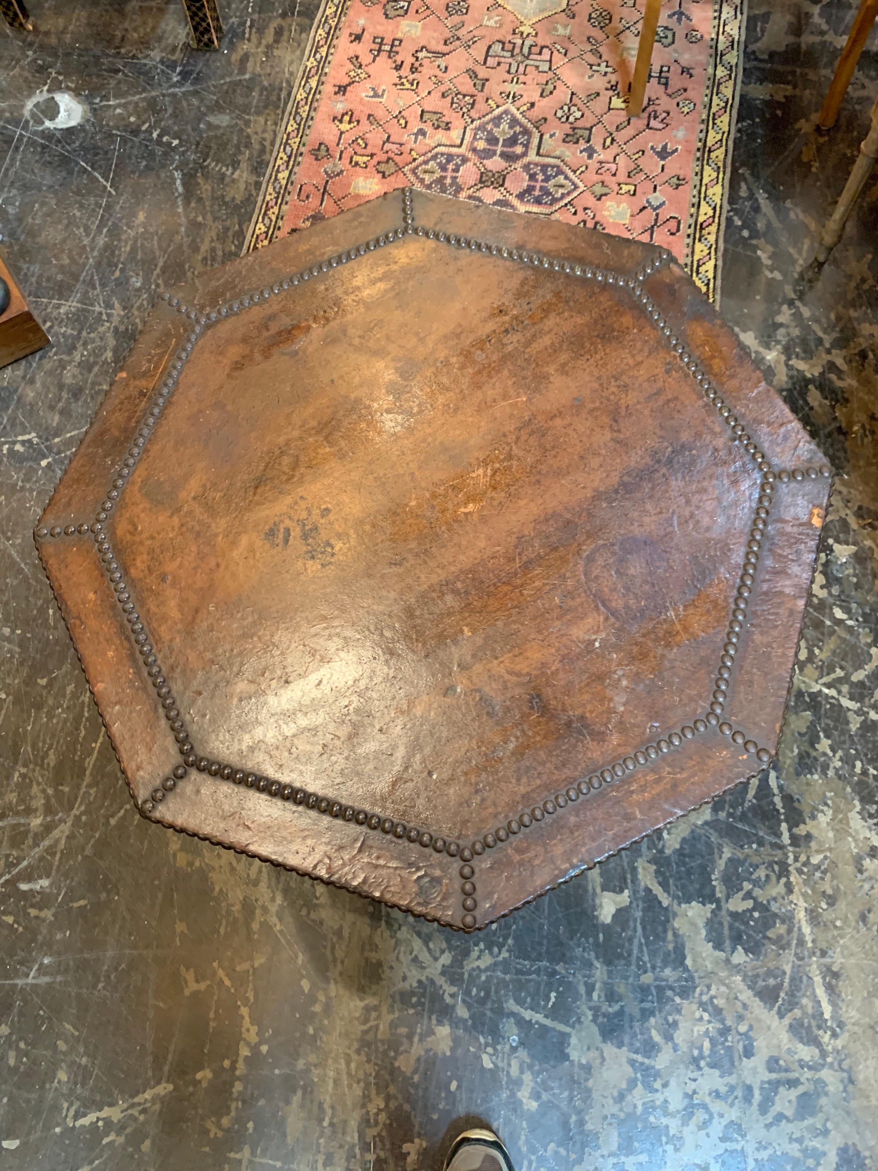 Octagonal Shaped Carved Side Table with Leather Top 1