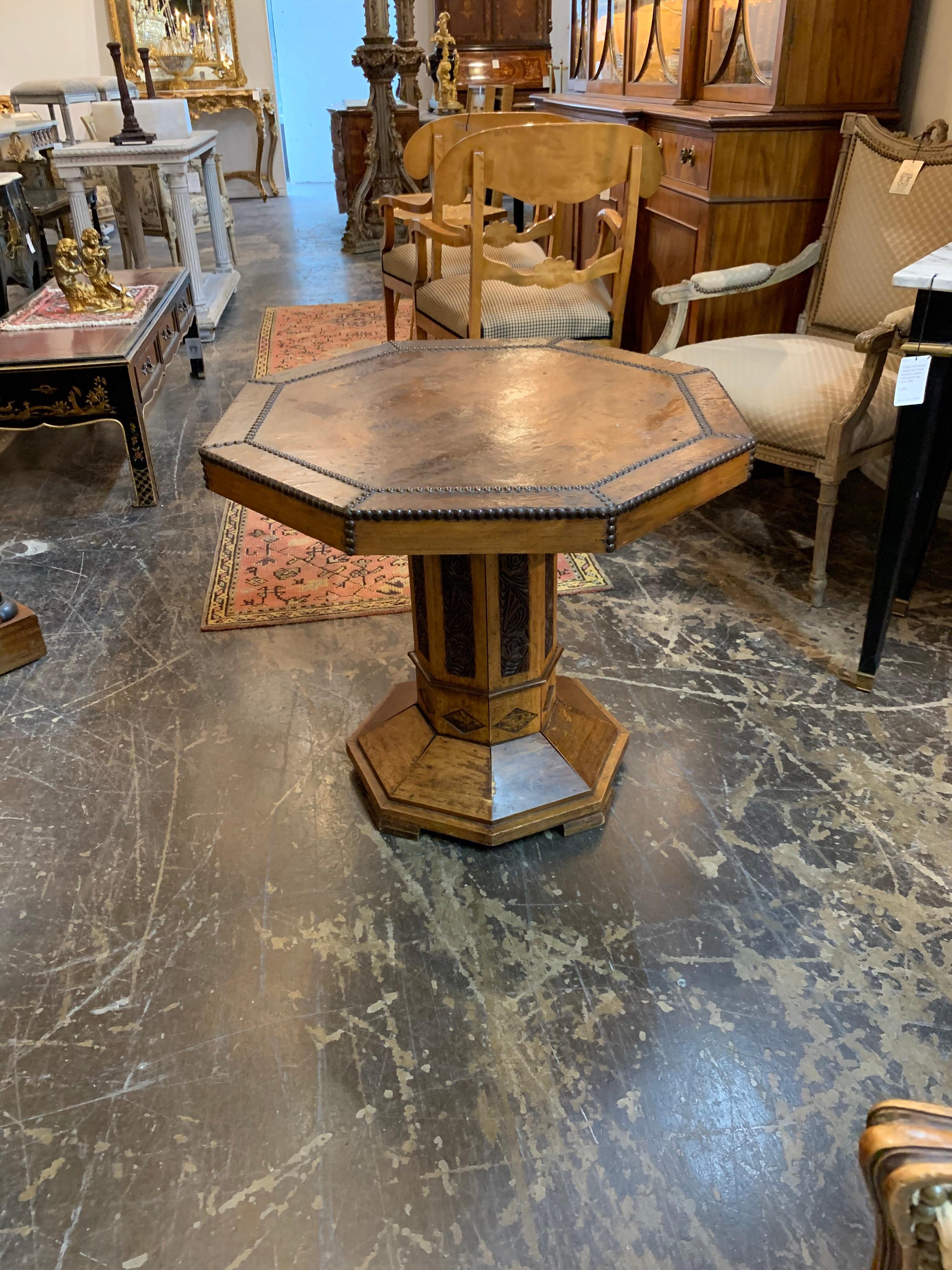 Octagonal Shaped Carved Side Table with Leather Top 2