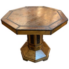 Octagonal Shaped Carved Side Table with Leather Top