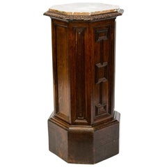 Octagonal Shaped English Carved Oak Marble-Top Pedestal