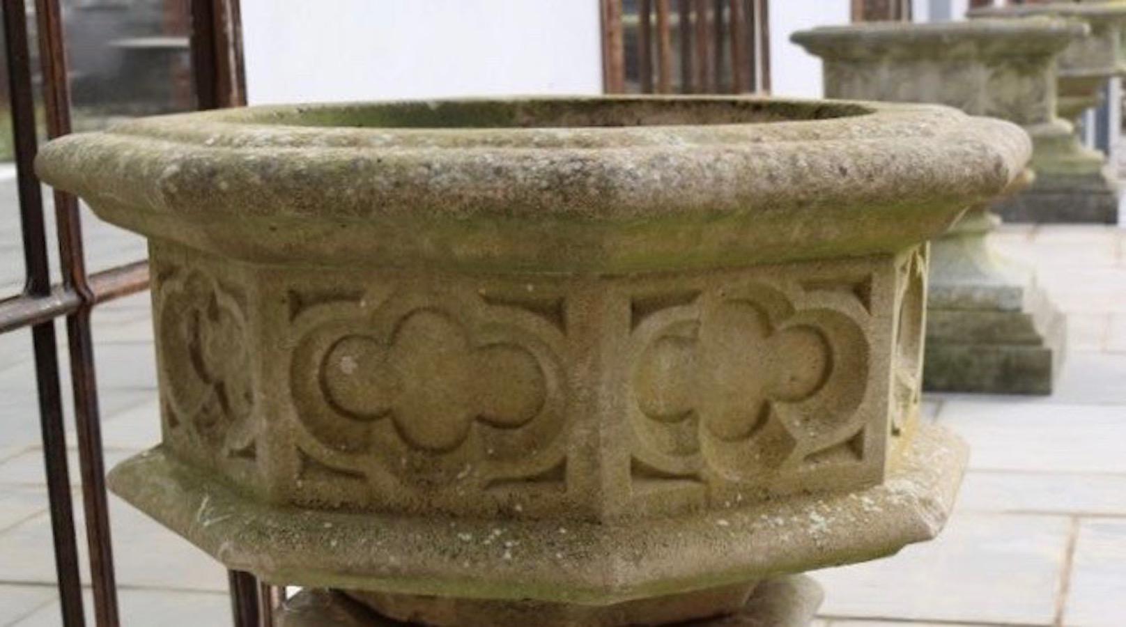 English Octagonal Shaped Stone Pair Garden Urns, England, 1920s