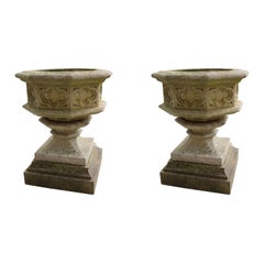 Octagonal Shaped Stone Pair Garden Urns, England, 1920s