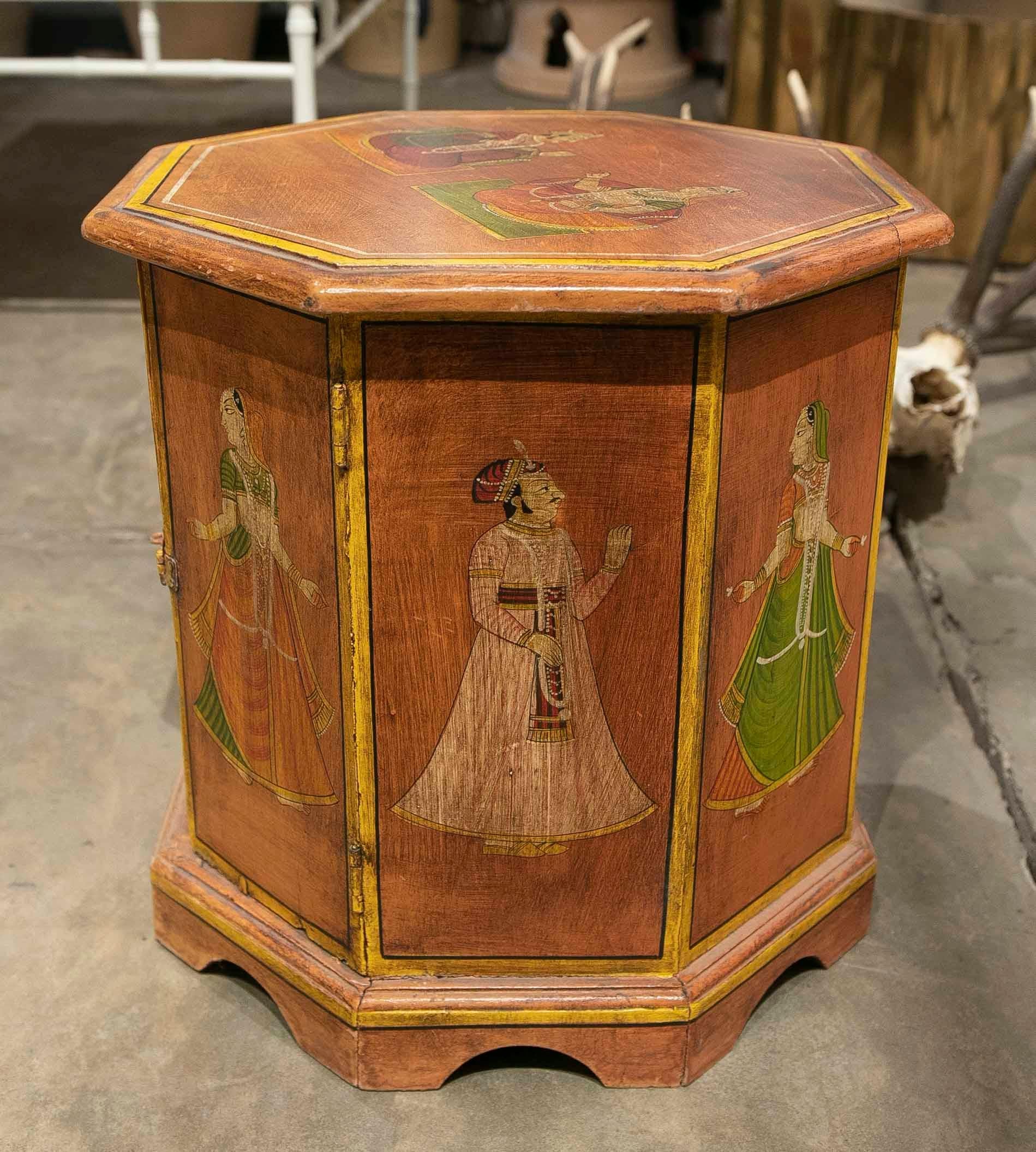 Octagonal Shaped Wooden Octagonal Coffee Table Hand-Painted with Indian scenes 6