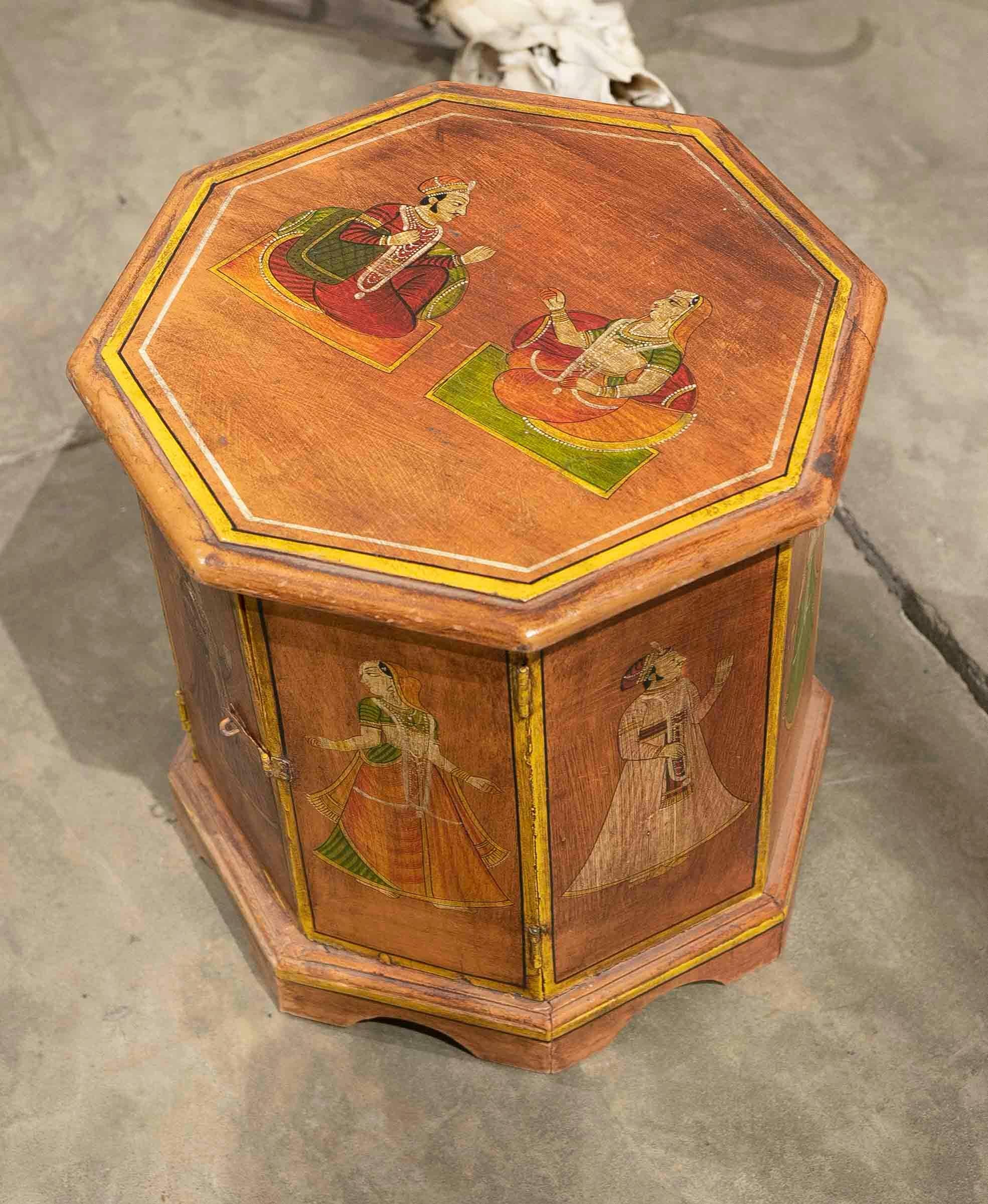 Octagonal Shaped Wooden Octagonal Coffee Table Hand-Painted with Indian scenes 7