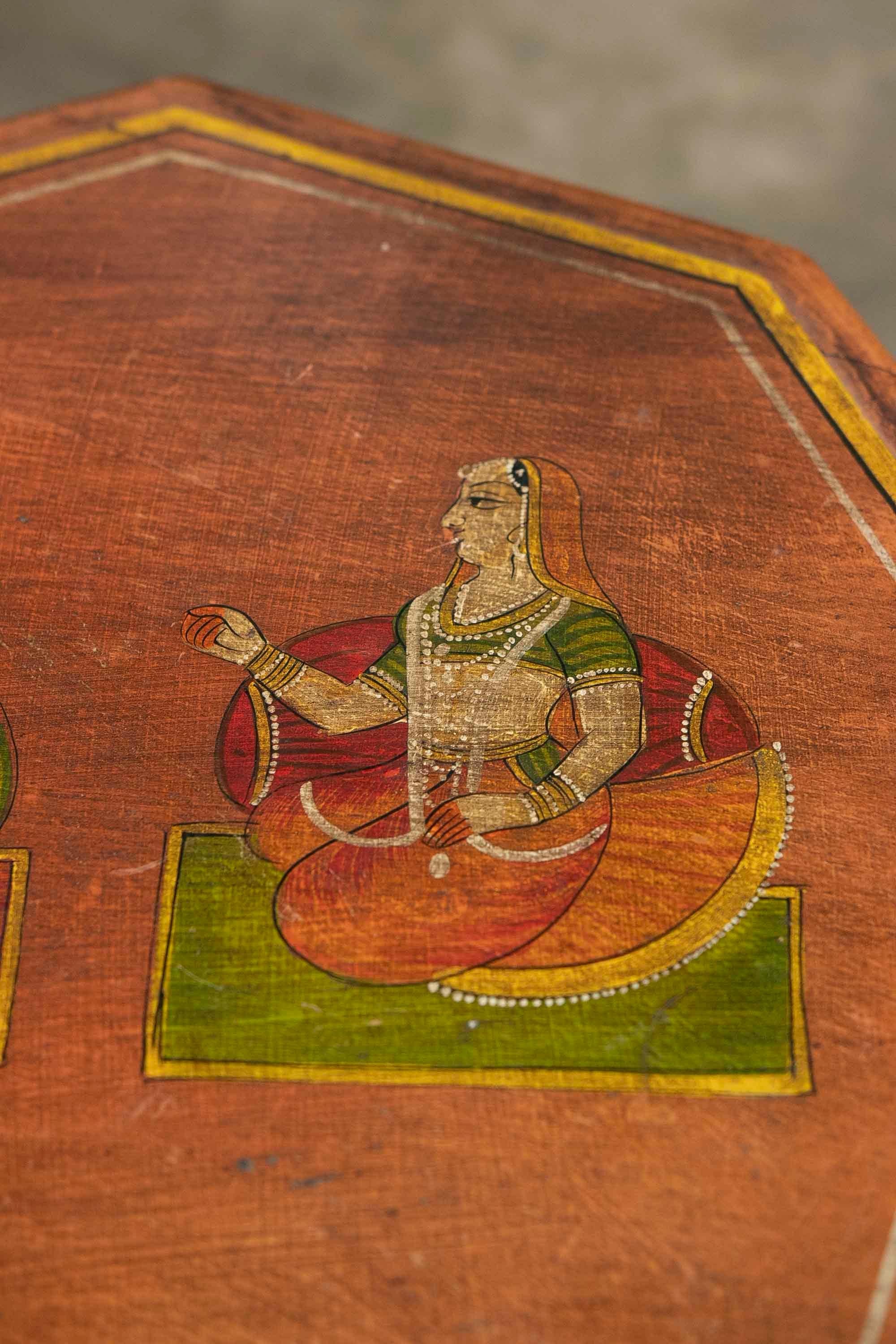 Octagonal Shaped Wooden Octagonal Coffee Table Hand-Painted with Indian scenes 8