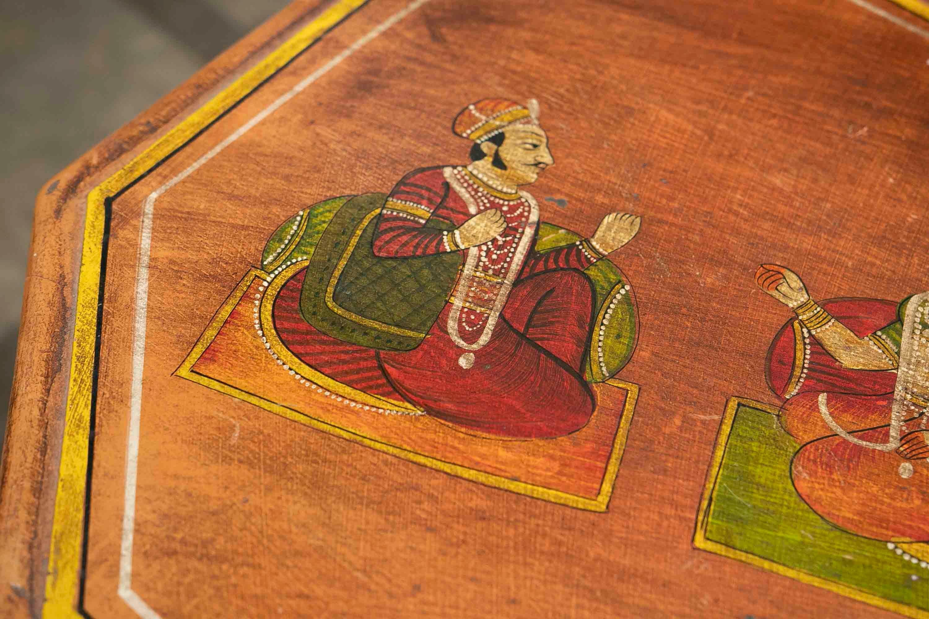 Octagonal Shaped Wooden Octagonal Coffee Table Hand-Painted with Indian scenes 12