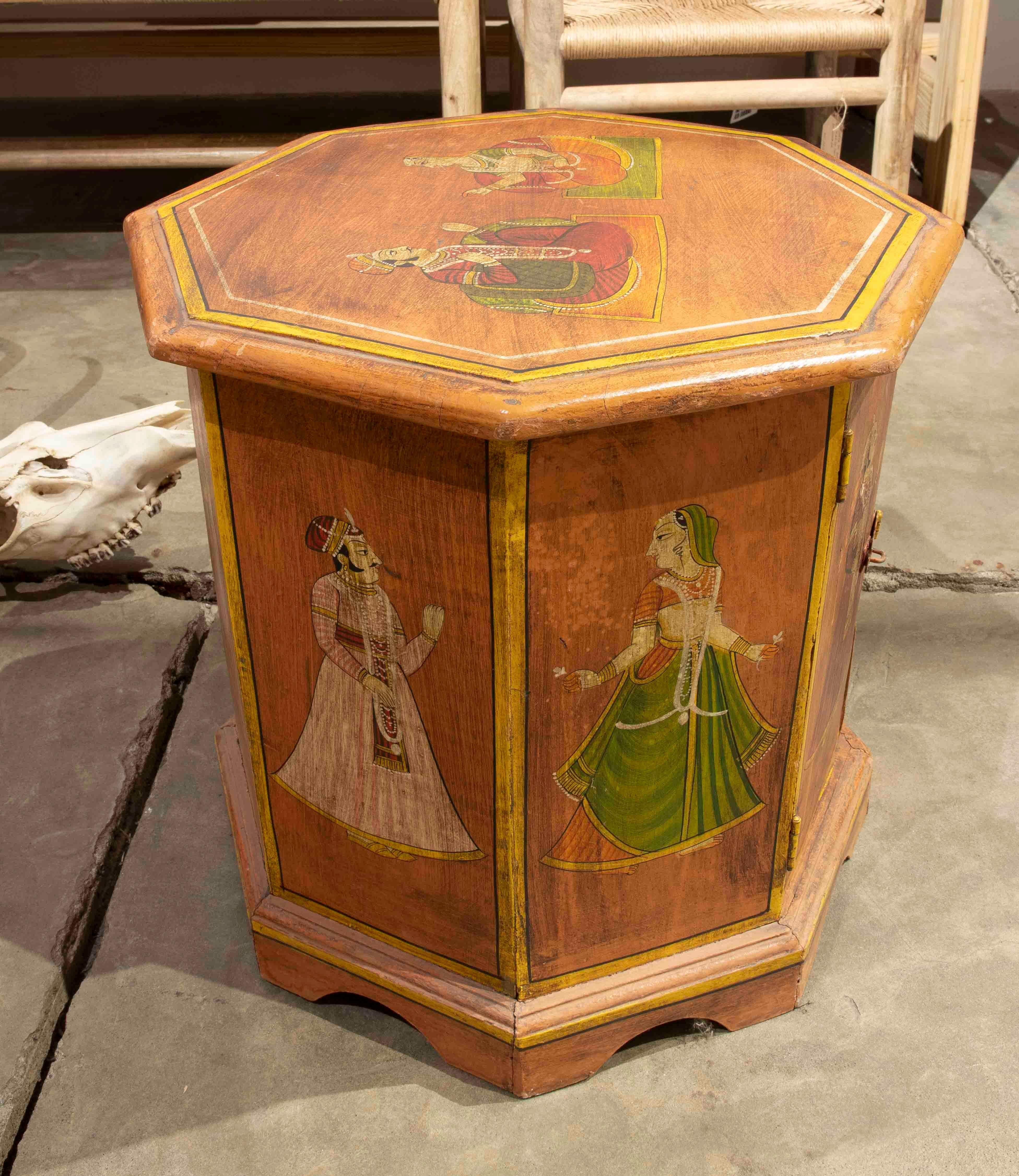 20th Century Octagonal Shaped Wooden Octagonal Coffee Table Hand-Painted with Indian scenes