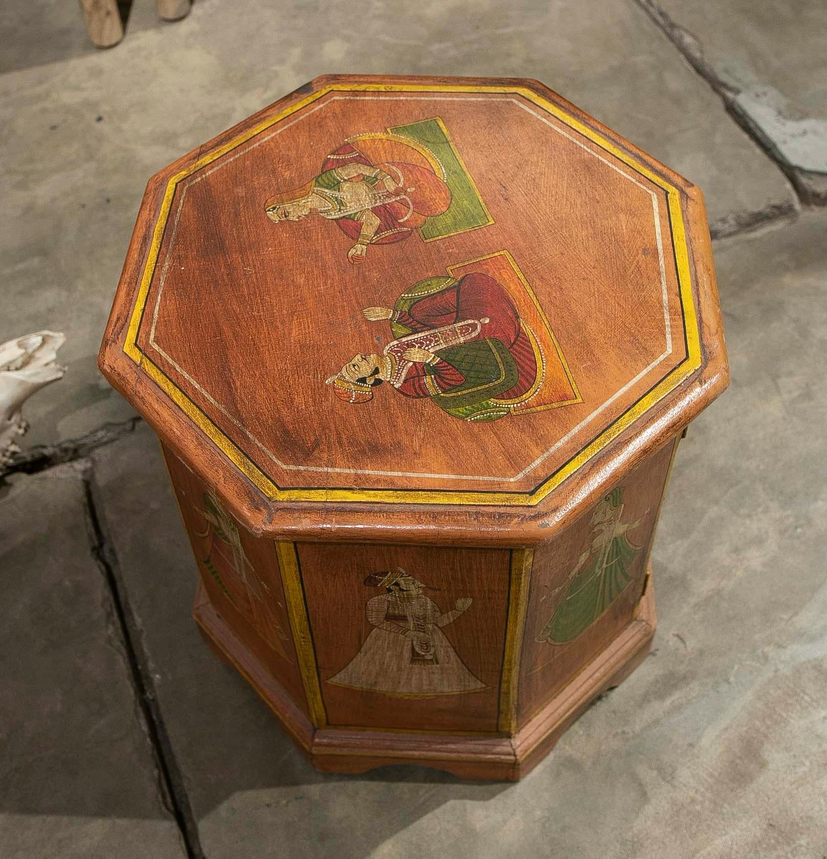 Octagonal Shaped Wooden Octagonal Coffee Table Hand-Painted with Indian scenes 1