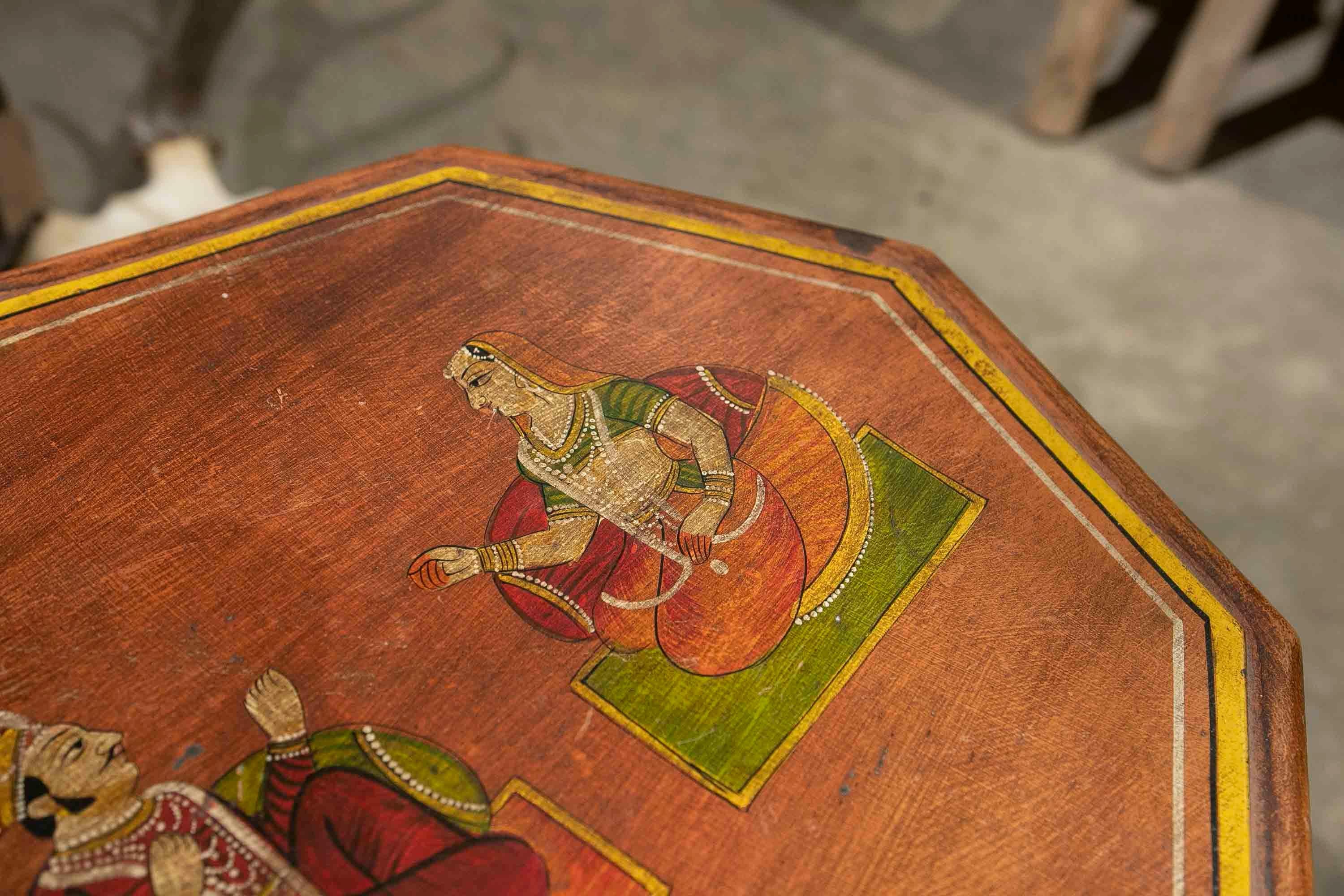 Octagonal Shaped Wooden Octagonal Coffee Table Hand-Painted with Indian scenes 3
