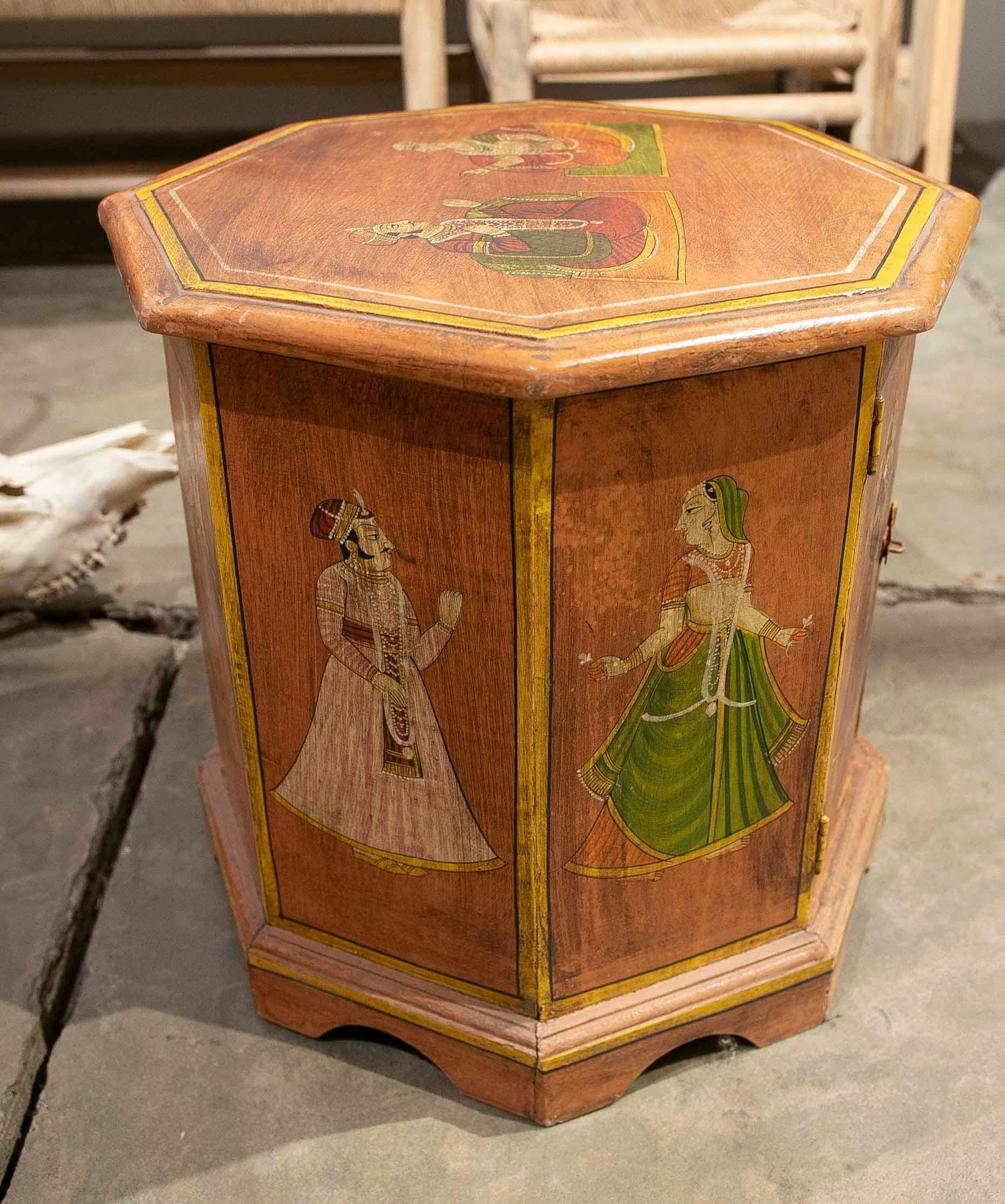 Octagonal Shaped Wooden Octagonal Coffee Table Hand-Painted with Indian scenes 4