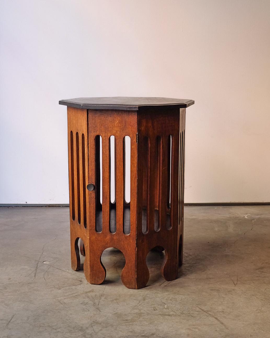 Beautiful Octagonal Side Table with Door. Blackened Wood Top.