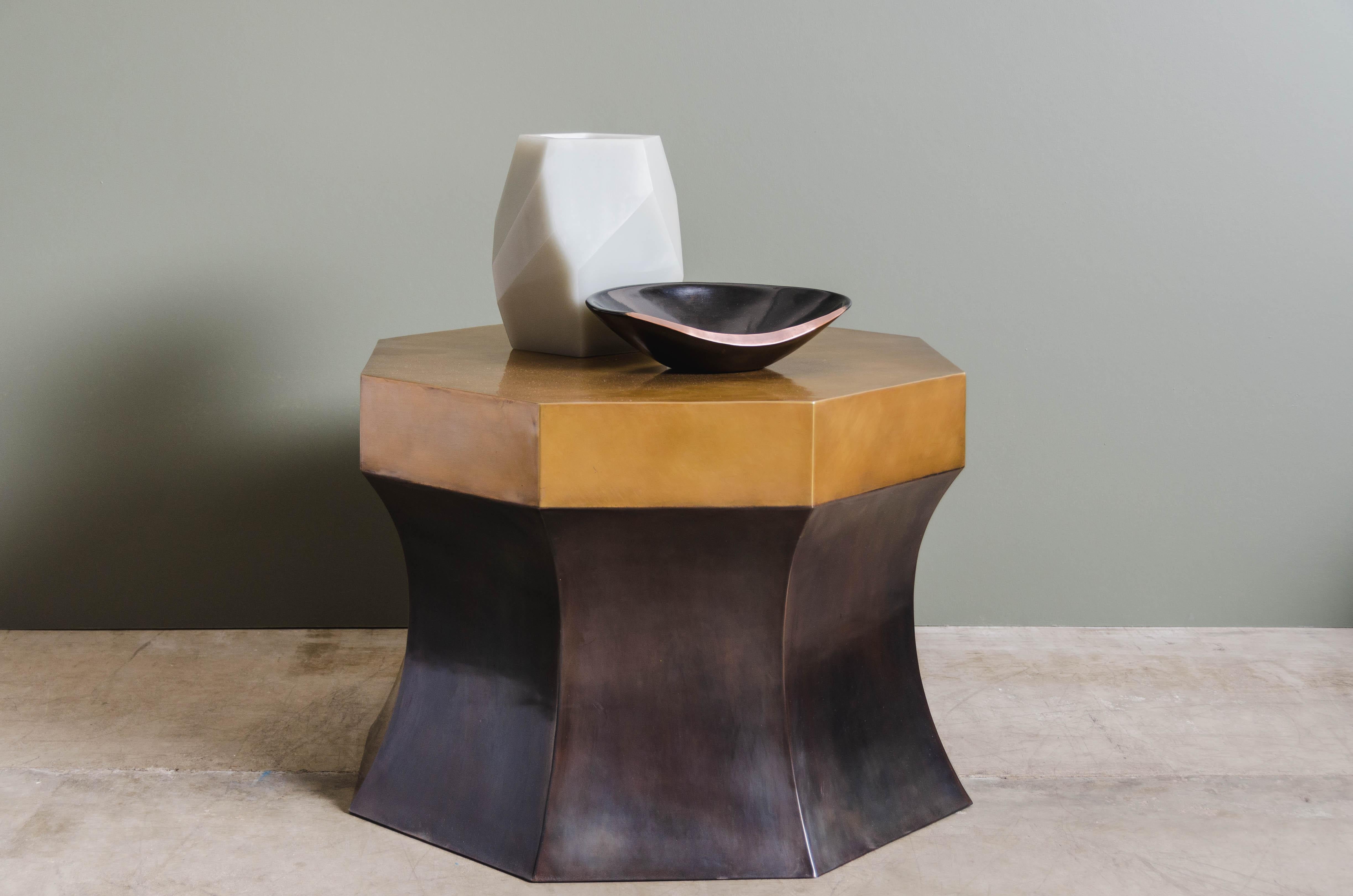 Repoussé Octagonal Side Table with Brass, Antique Copper by Robert Kuo, Limited Edition For Sale