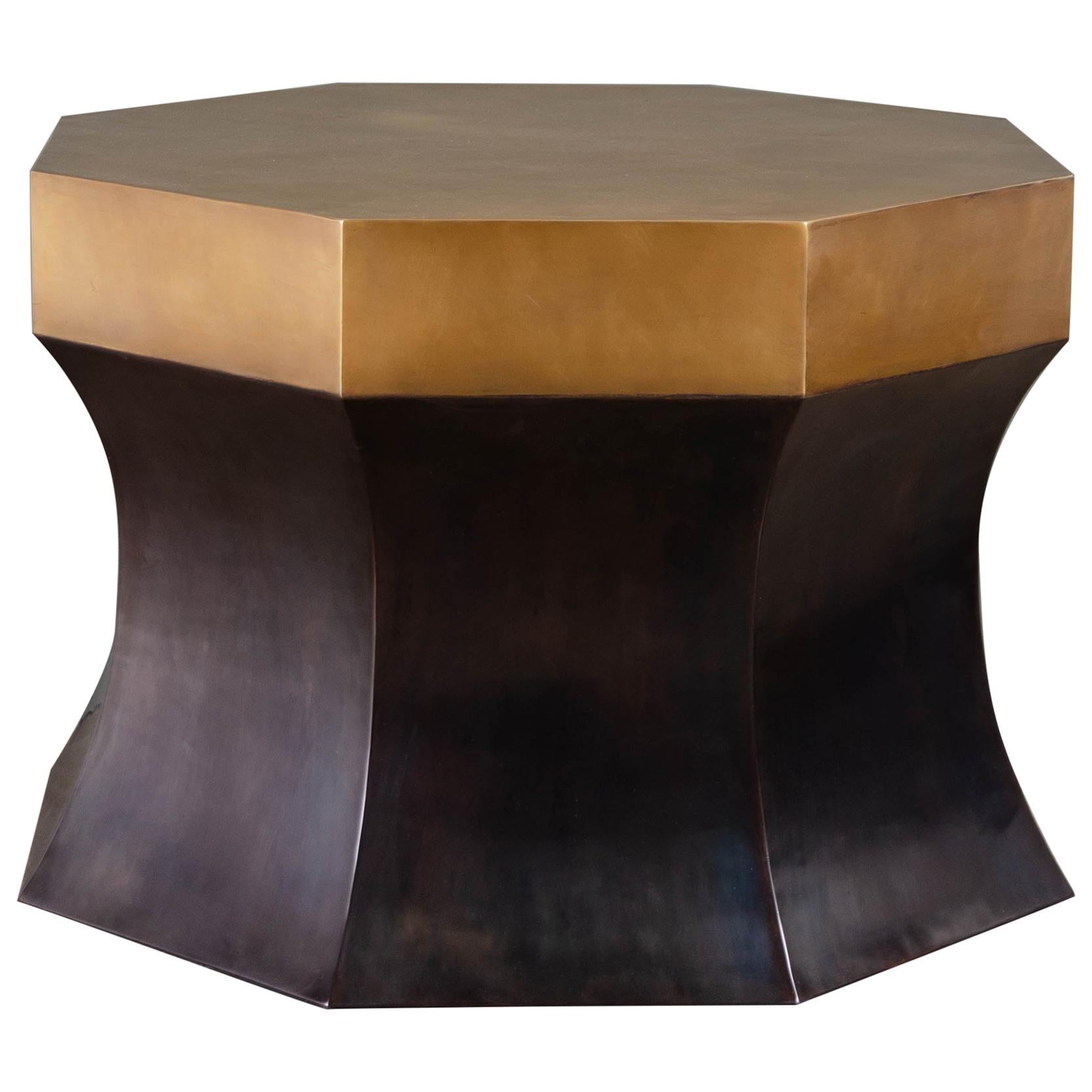 Octagonal Side Table with Brass, Antique Copper by Robert Kuo, Limited Edition For Sale