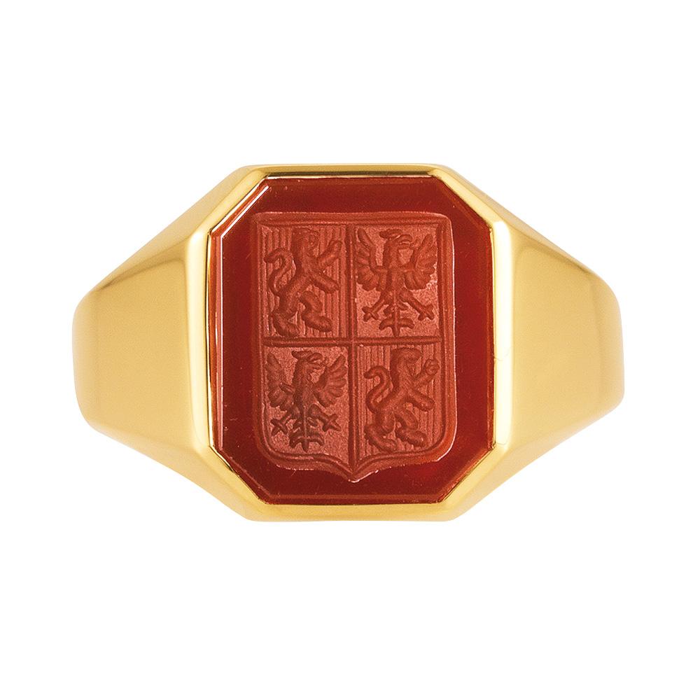 Chevalière octogonale en or jaune 18 carats, cornaline 13,2 x 11,0 mm, avec gravure héraldique

Référence : 50379/00/07/00/102
Description : Or jaune 750/-
Pierres précieuses : Cornaline
Forme : Octogonale
Dimensions : app. 13,2 x 11,0 mm
Gravure :