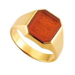Octagonal Signet Ring, 18K Yellow Gold, Carnelian 13.2 x 11 mm with Engraving